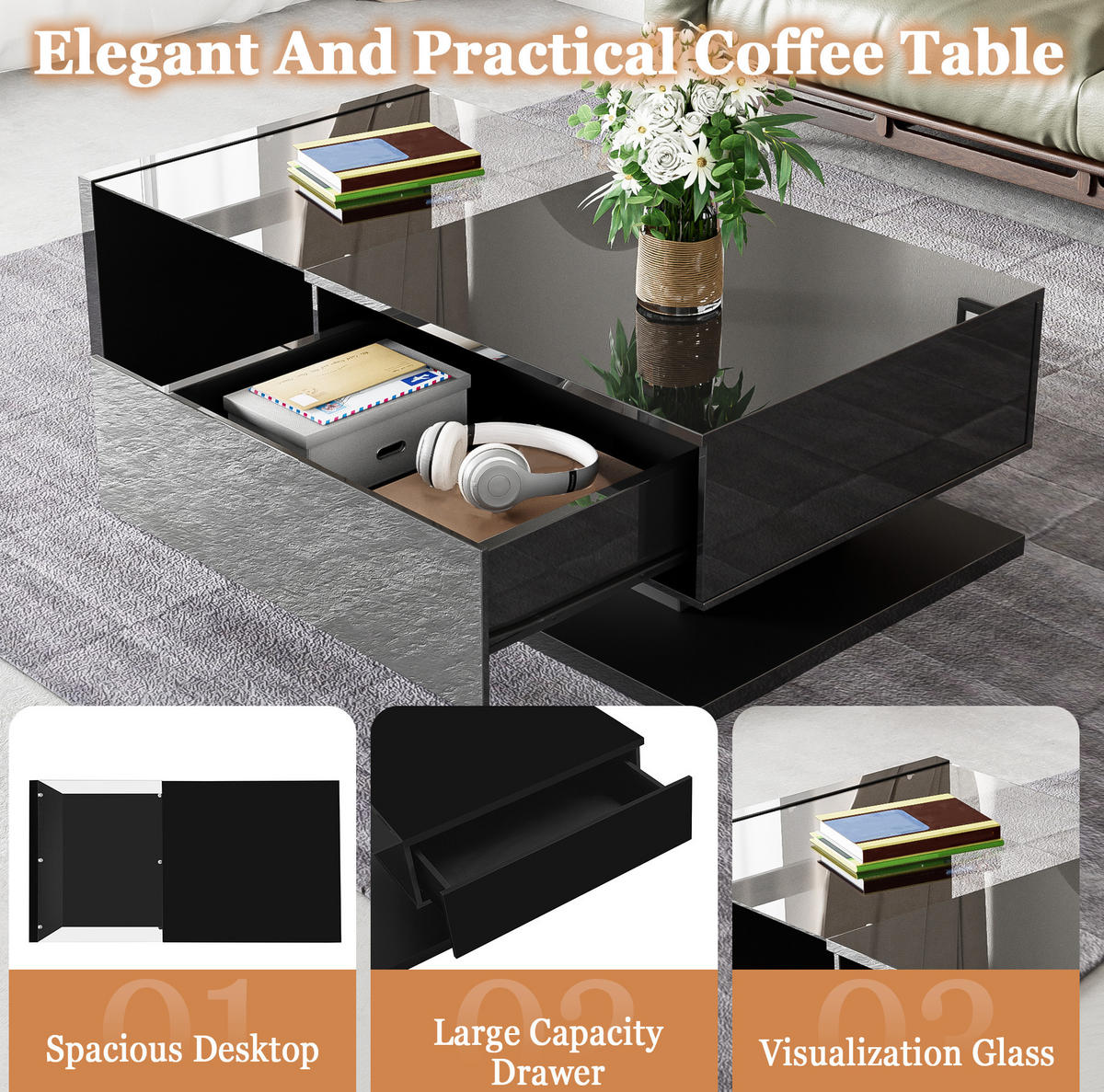 COUCHTISCH 105/55/32.5 cm schwarz aus Spanplatte mit LED-Effekt - Schwarz, Holzwerkstoff (105/55/32.5cm) - OKMYHOME
