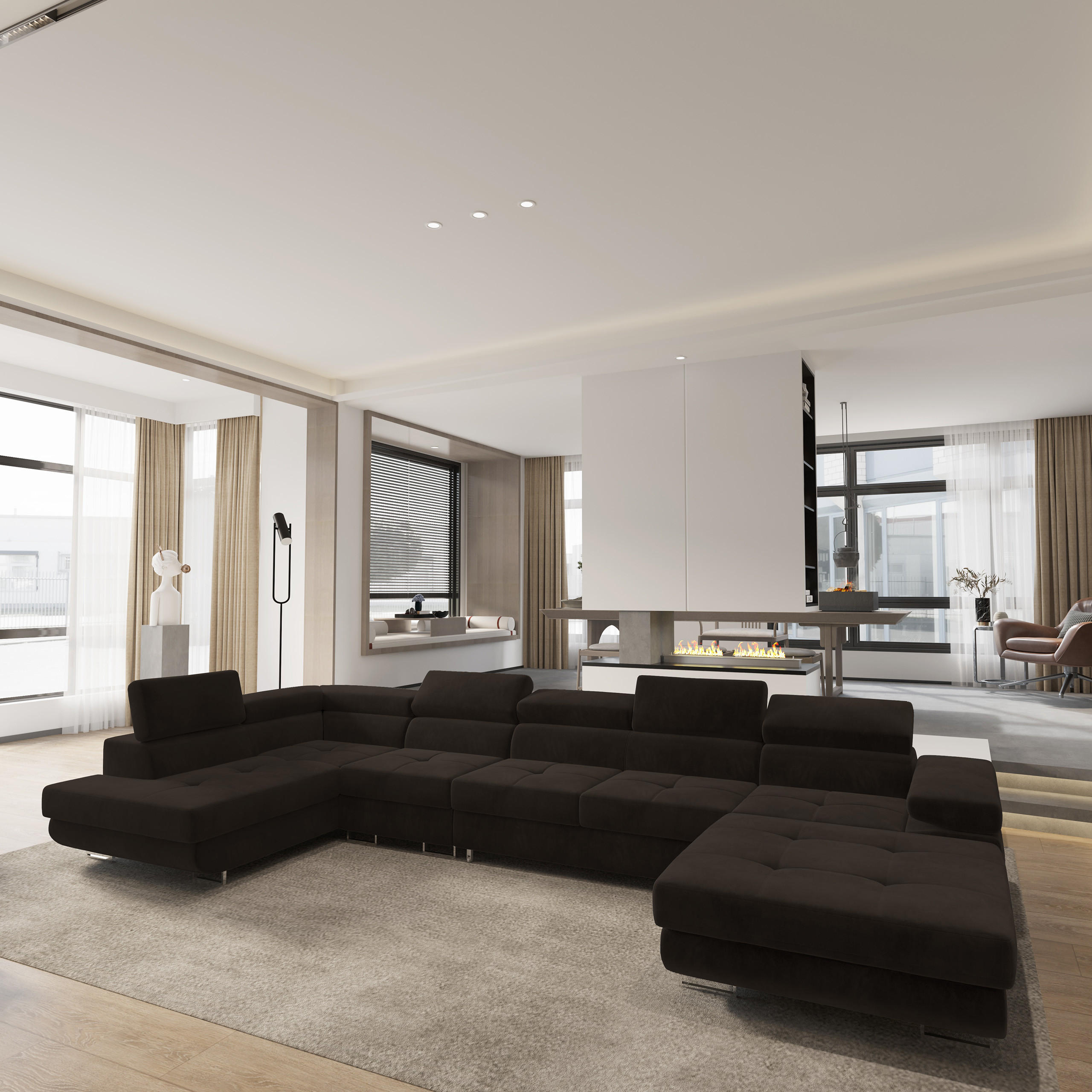 WOHNLANDSCHAFT VELORA L-S Braun Velours-Stoff mit Schlaffunktion - Braun, Holz (419/90/202cm) - MASSENO