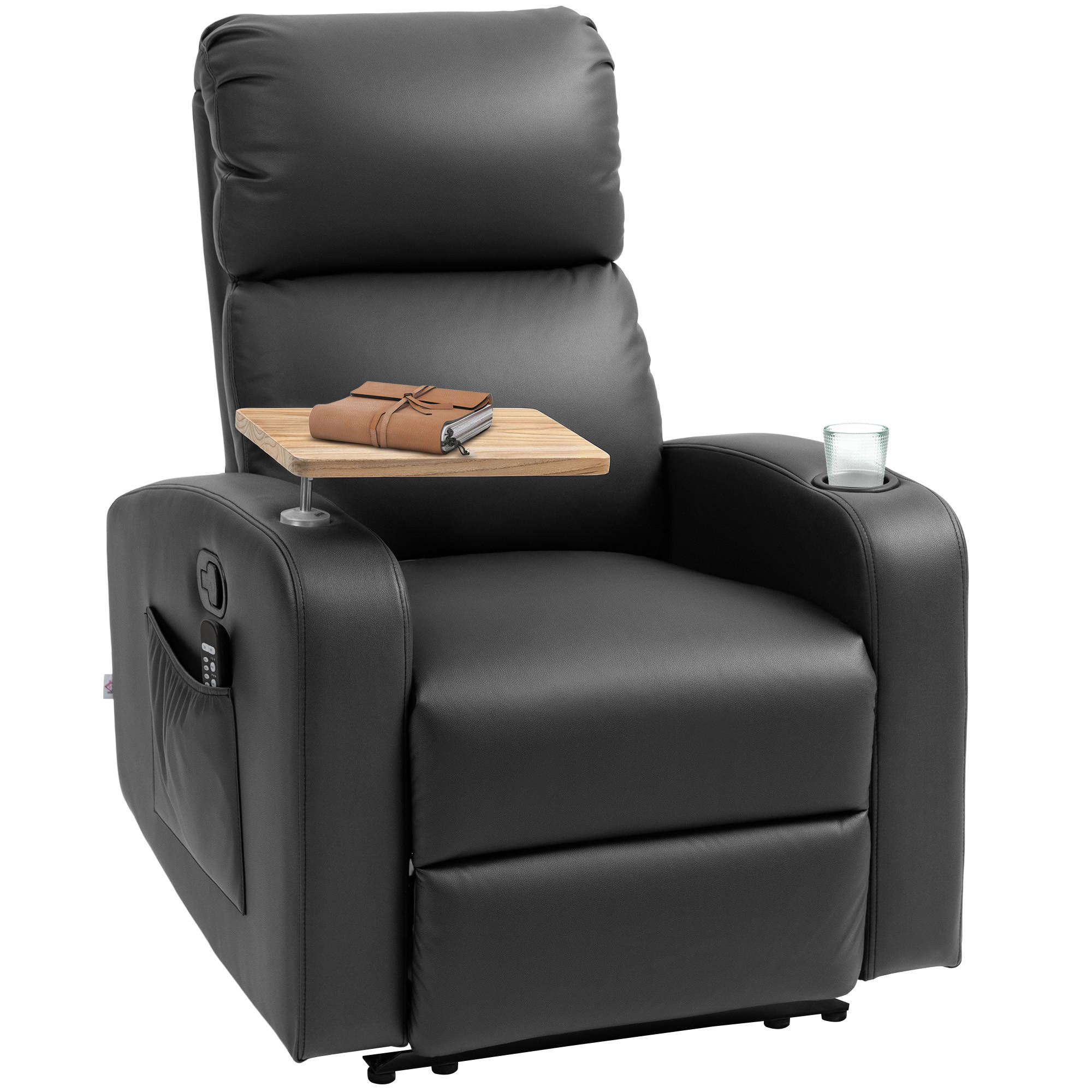 RELAXSESSEL mit Massagefunktion, Seitentasche und Becherhalter, Mikrofaser, Schwarz - Schwarz, Metall (77/105/93cm) - HOMCOM