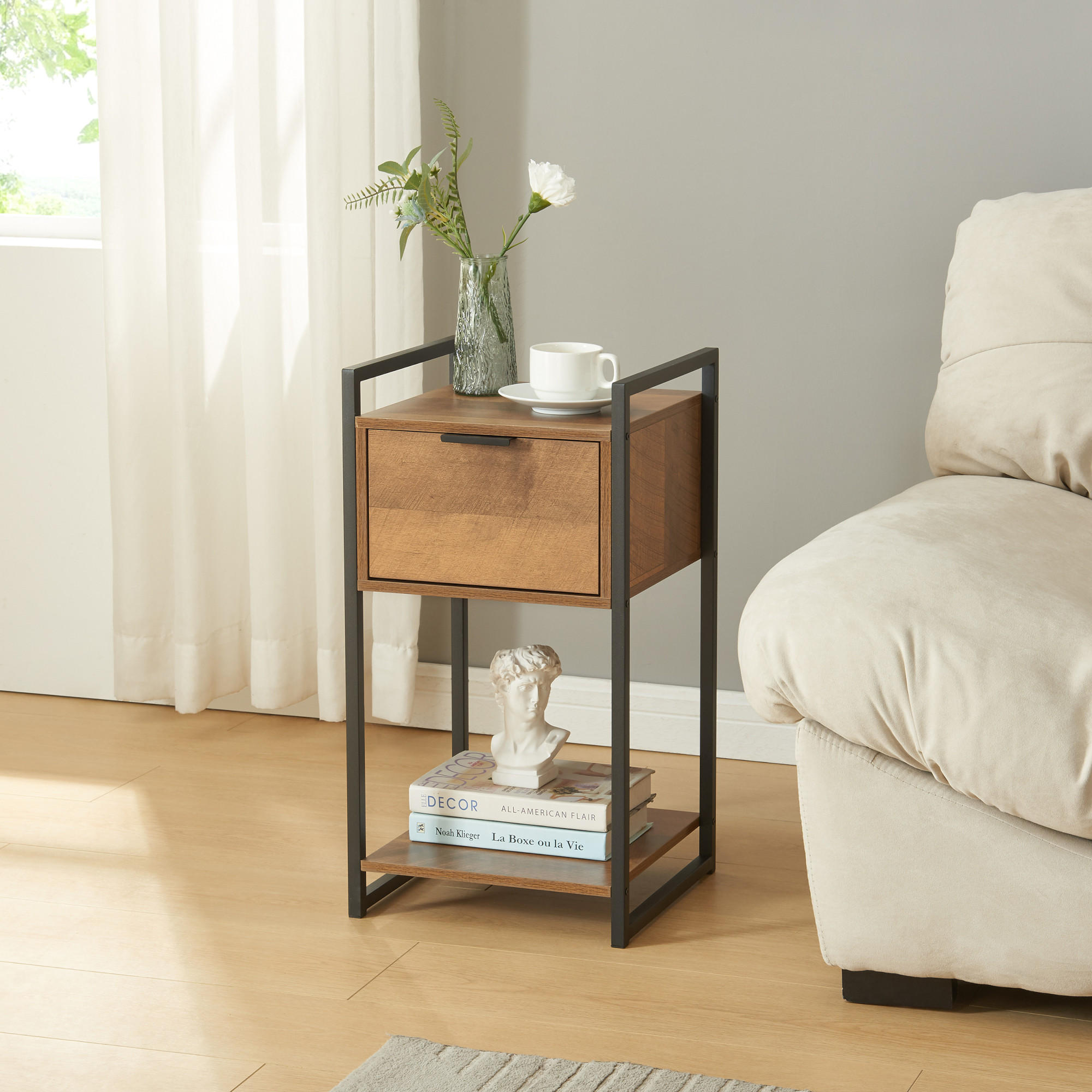 Thumbnail - [en.casa] Beistelltisch, Walnuss, Schwarz, Metall, 1 Fächer, 1 Schubladen, 33x62x32 cm, Wohnzimmer, Wohnzimmertische, Be...