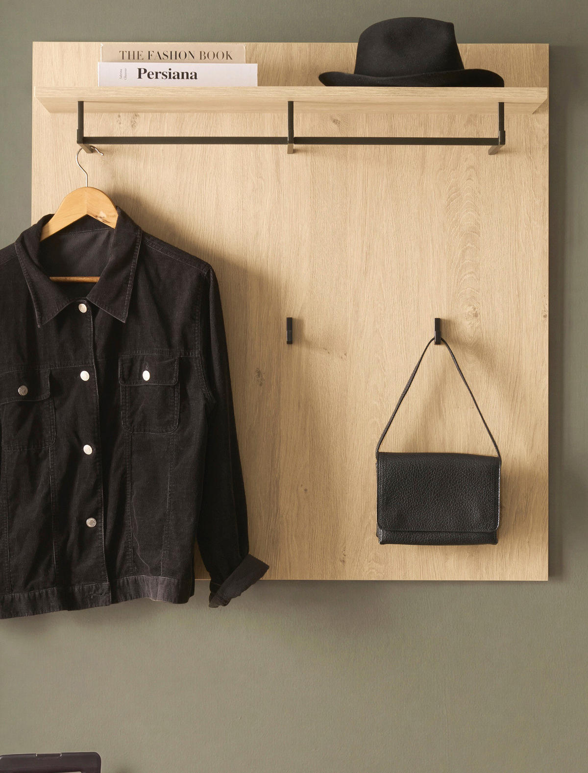GARDEROBENPANEEL Stone Eiche 90 x 90 cm, Wandgarderobe mit Hutablage - Eichefarben/Schwarz, Holzwerkstoff/Metall (90/90/30cm) - Furn.Design
