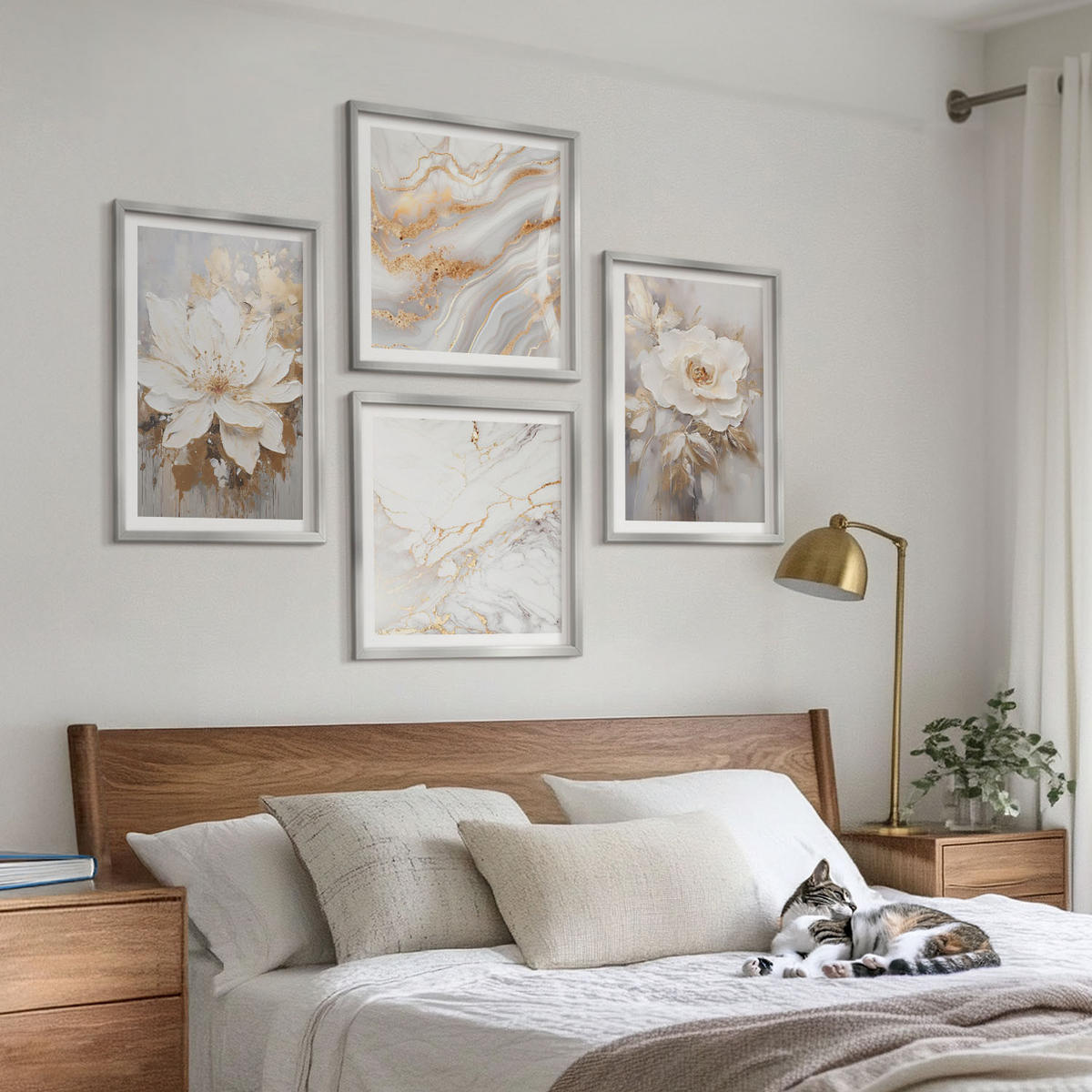 WANDBILDER 4er Set - 50x50 cm & 40x60 cm Silberner Rahmen - Blumen, heller Hintergrund, Marmormuster - Silberfarben, Kunststoff (50/50cm) - ArtPrintCave