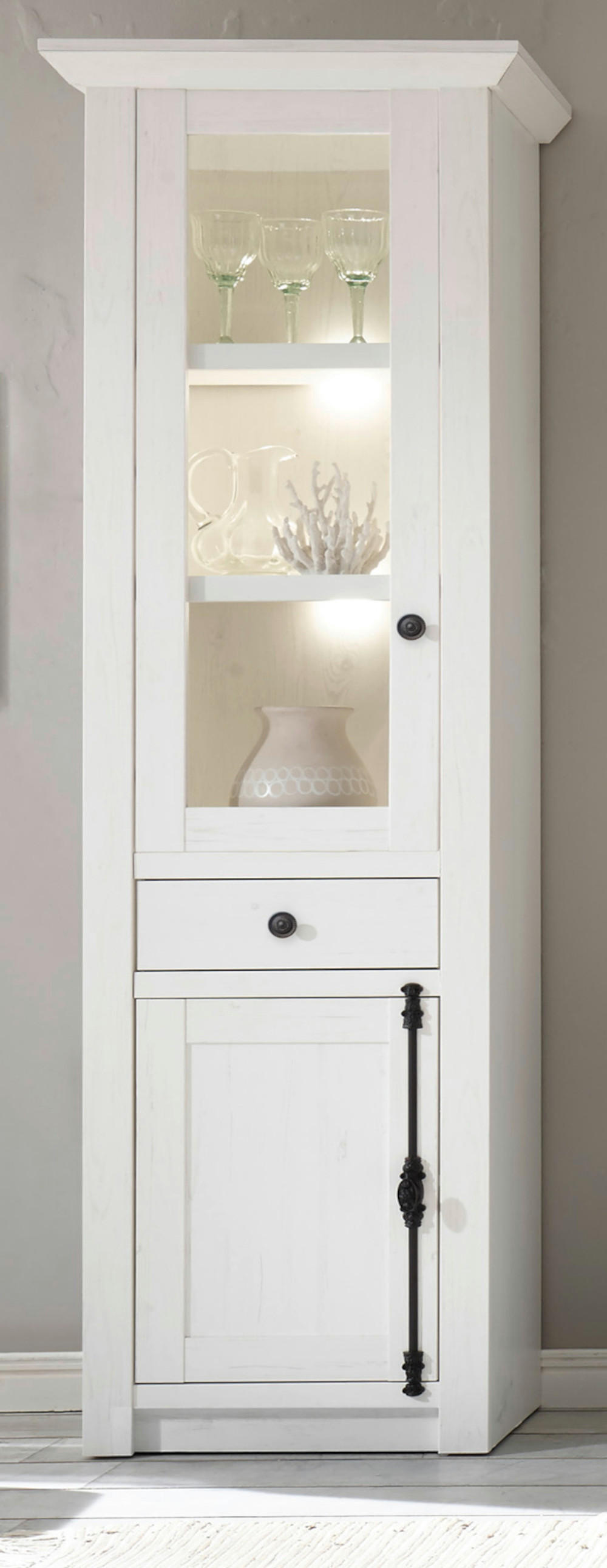 VITRINE Pinie weiß 63 cm, Vitrinenschrank im Landhaus-Stil - Schwarz/Weiß, Glas/Holzwerkstoff (63/207/45cm) - Furn.Design