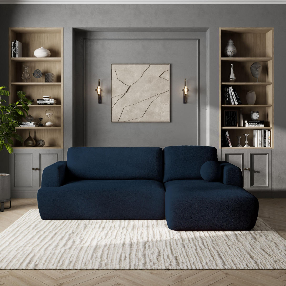 ECKSOFA SENTI N R-S Blau Boucle-Stoff mit Schlaffunktion - Blau/Schwarz, Holz/Kunststoff (246/148cm) - MASSENO