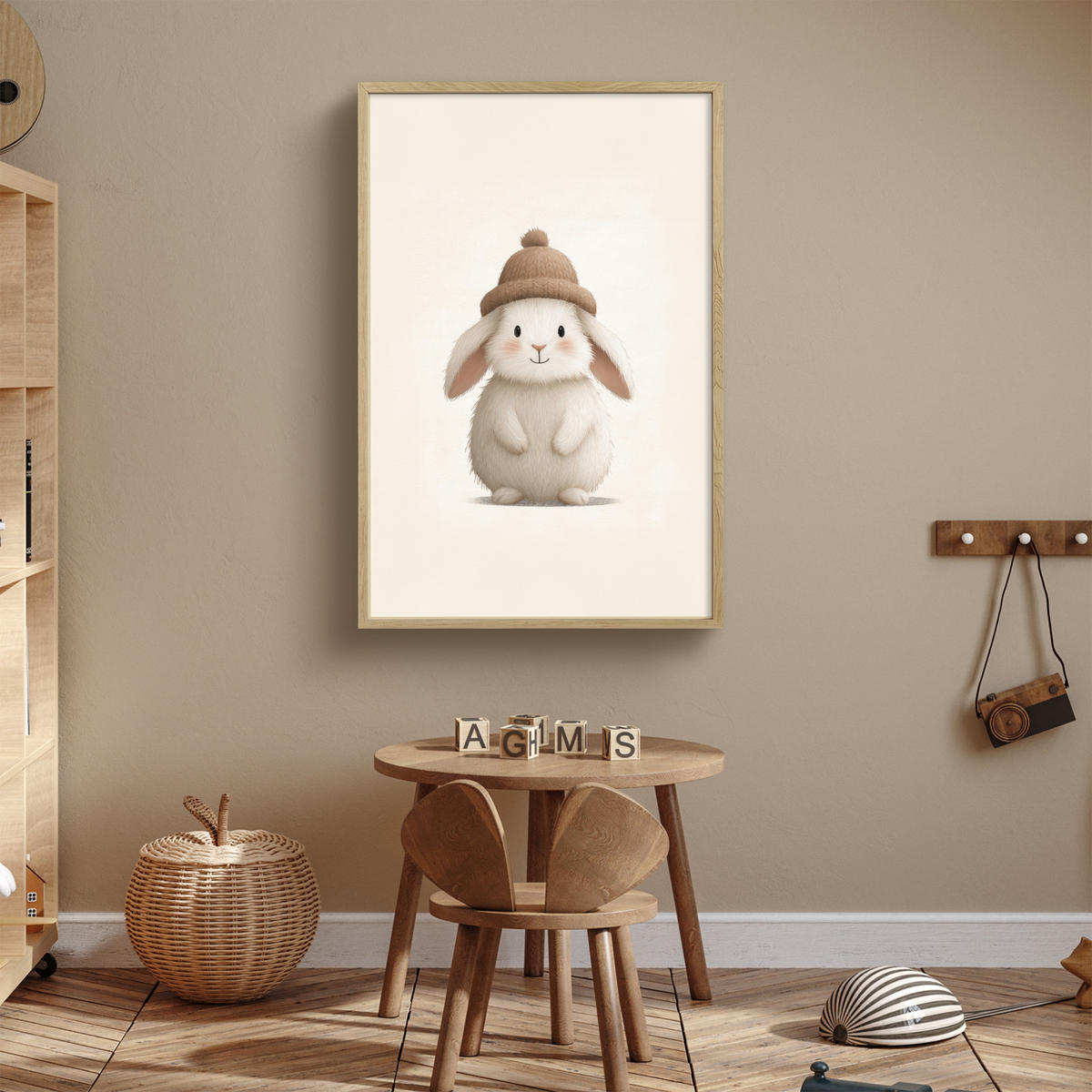 NÁSTĚNNÁ LAMPA S AKUMULÁTOREM Králík - Klobouk - Uši - béžový 70x100 cm - krémová, kompozitní dřevo (70/100/8cm) - OnlyWow