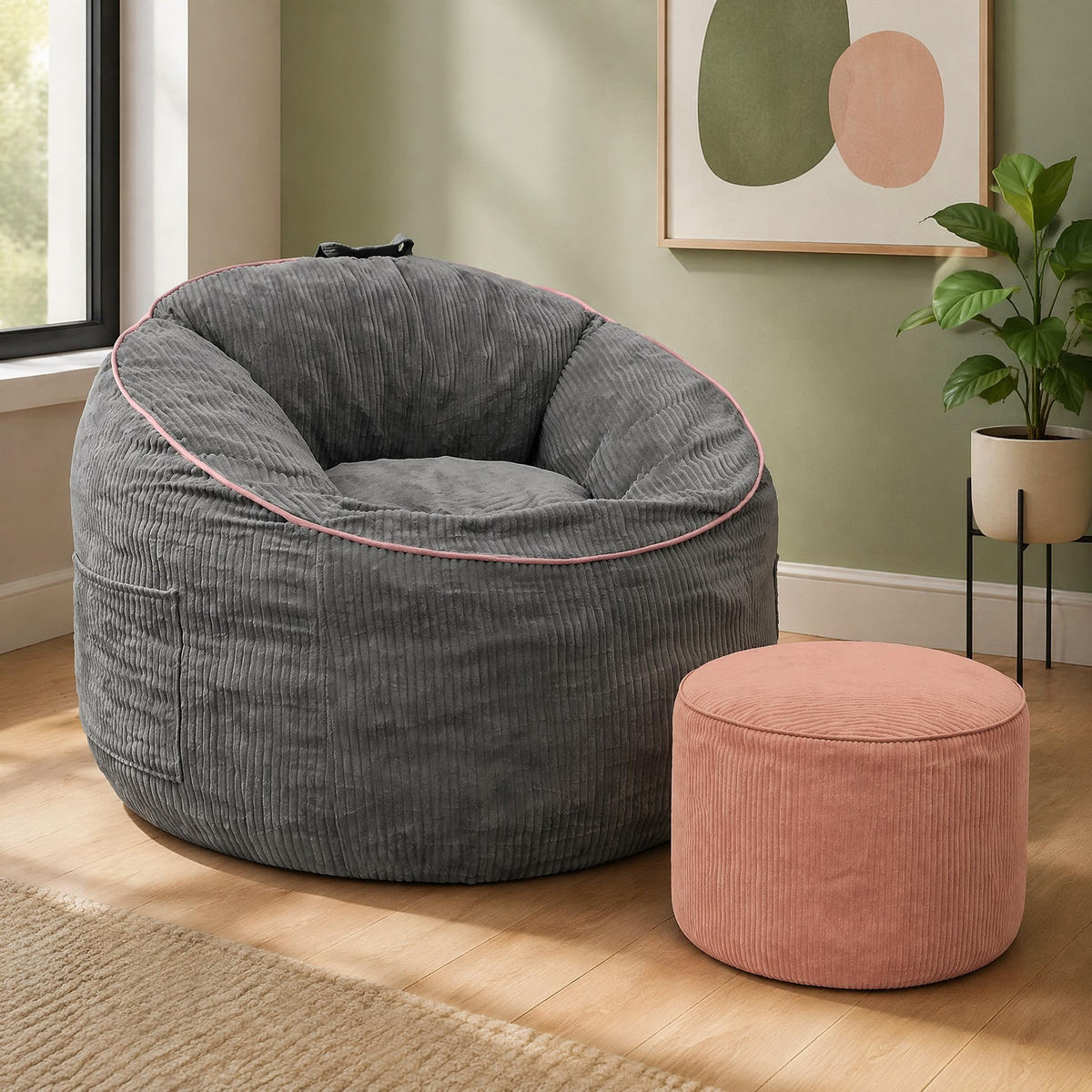SITZSACK mit Seitentasche und Hocker Grau Flanell - Grau, Kunststoff (95/80/103cm) - Meubliv