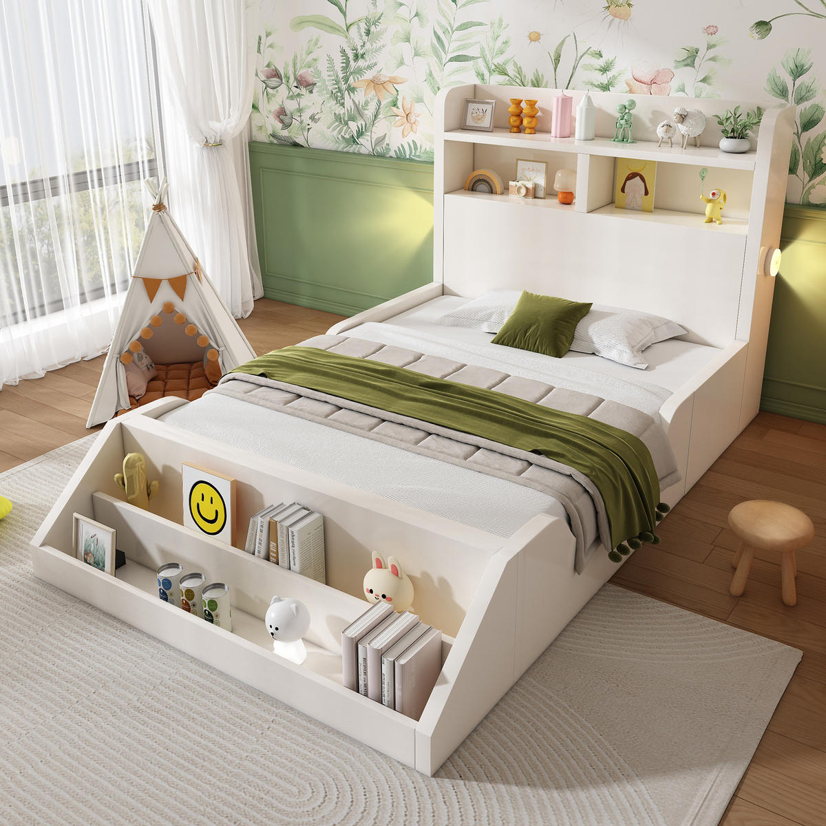 KINDERBETT 90/200 cm Weiß aus Massivholz mit Nachtlichtern und Ablagen - Weiß, Holzwerkstoff (90/200cm) - OKWISH