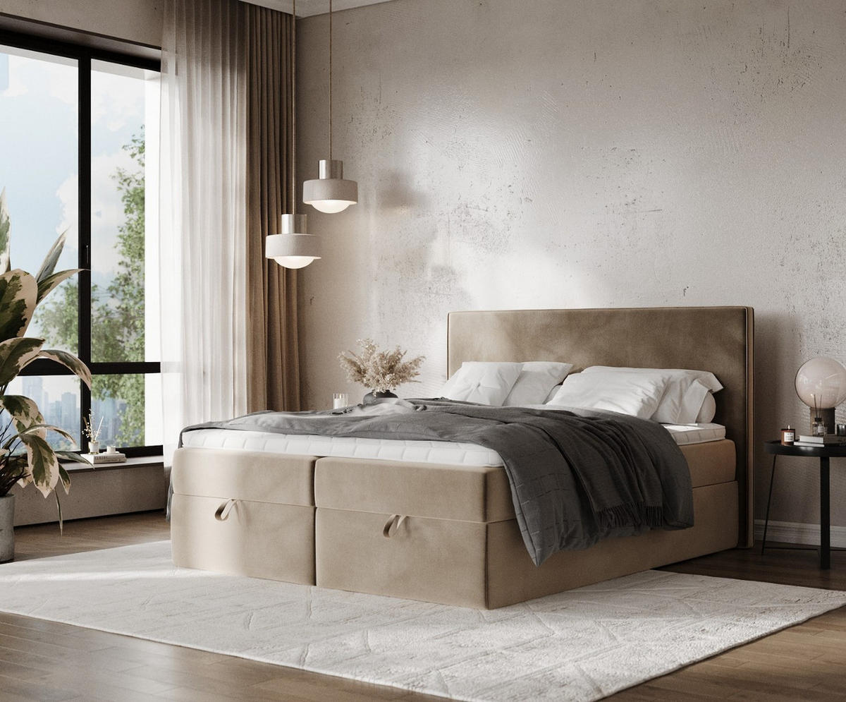 BOXBETT Velma 200/200 cm Taupe im Paros Stoff - Taupe/Schwarz, Holz/Holzwerkstoff (200/200cm) - AltaBeds