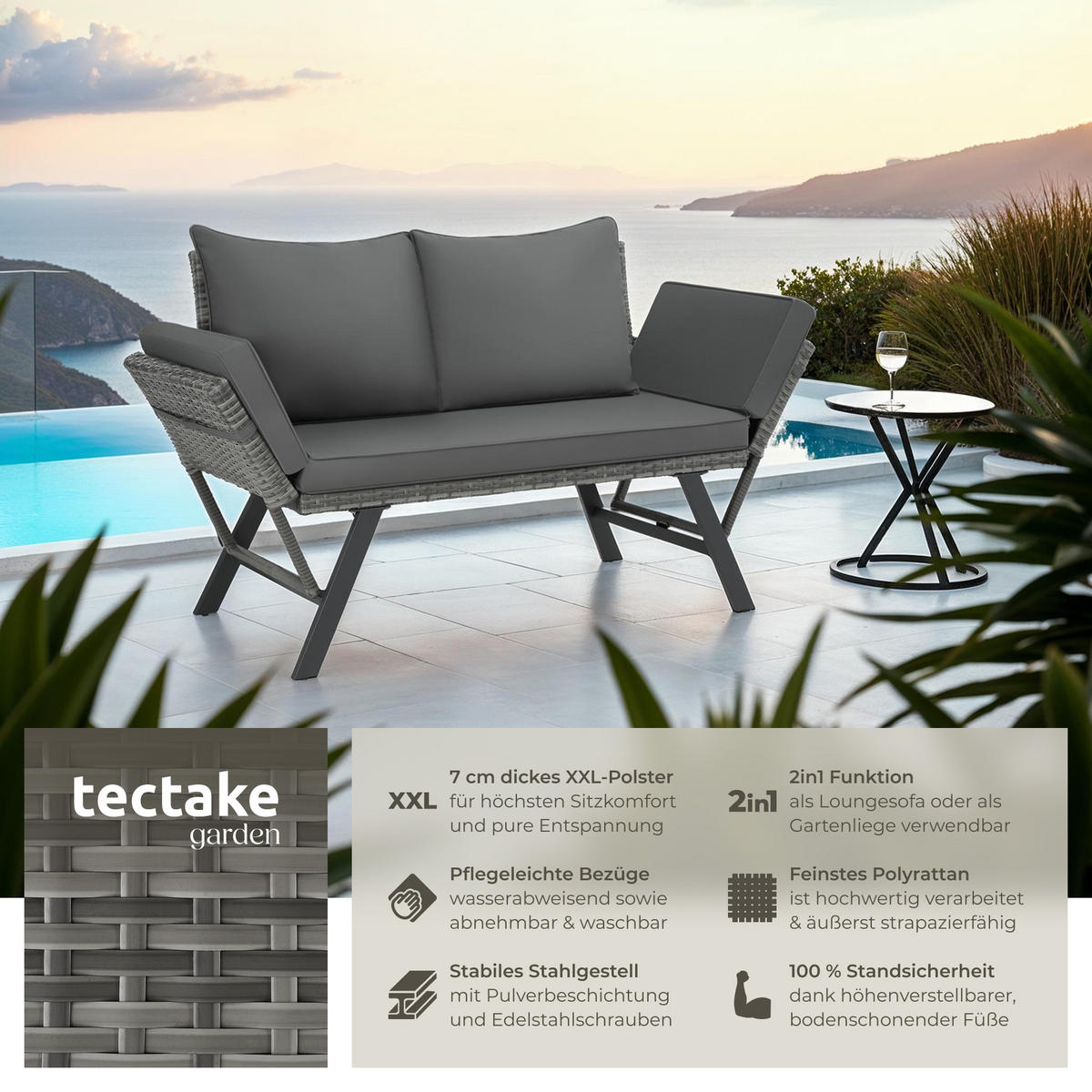 RATTAN-LOUNGESOFA Sintra,157 x 61 x 89 cm,grau - Grau, Kunststoff/Textil (157/89/61cm) - tectake