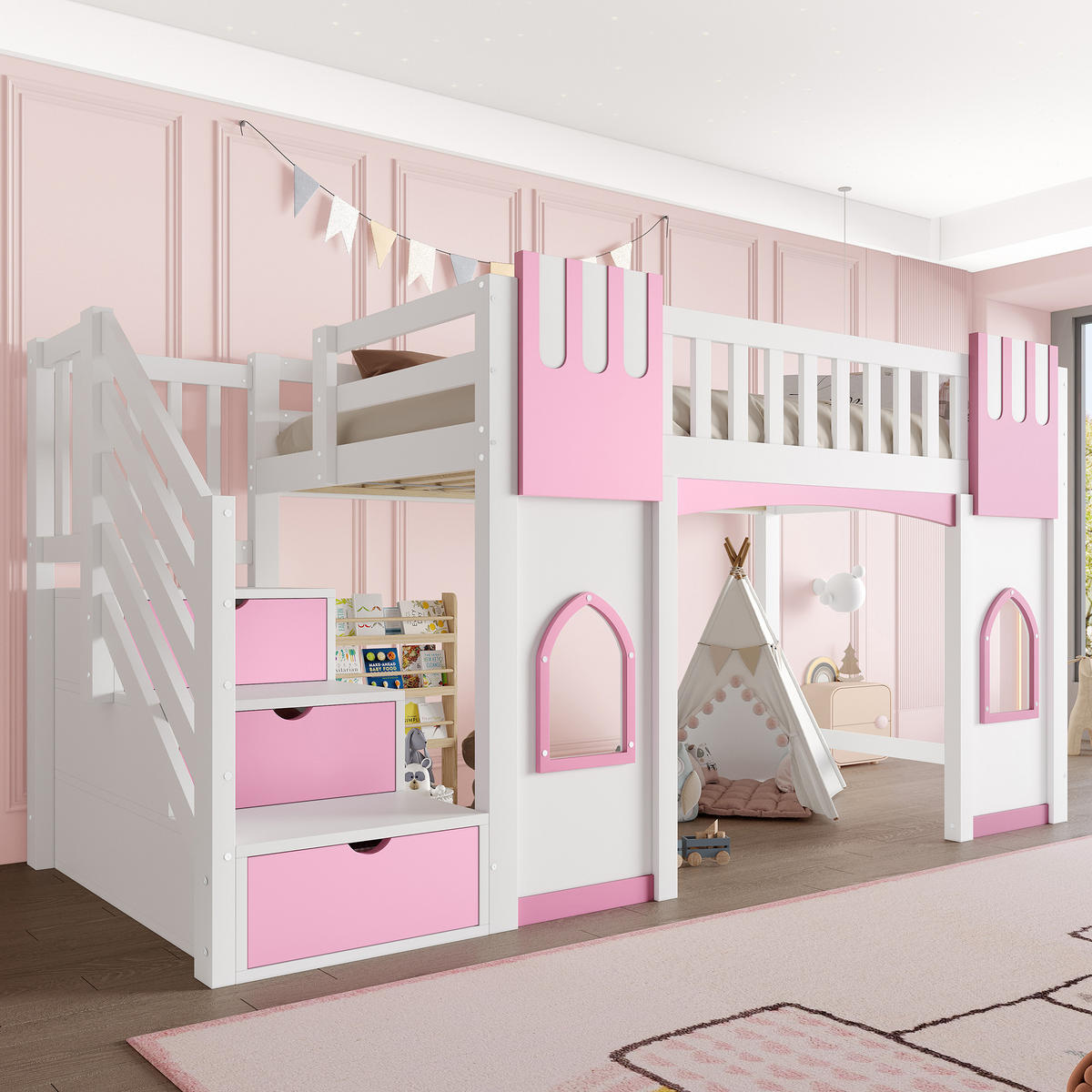 HOCHBETT 90/200 cm in Weiß & Rosa mit Stauraumtreppe und Fenstern aus Holz im verspielten Design - Rosa, Holzwerkstoff (90/200cm) - STILVORA