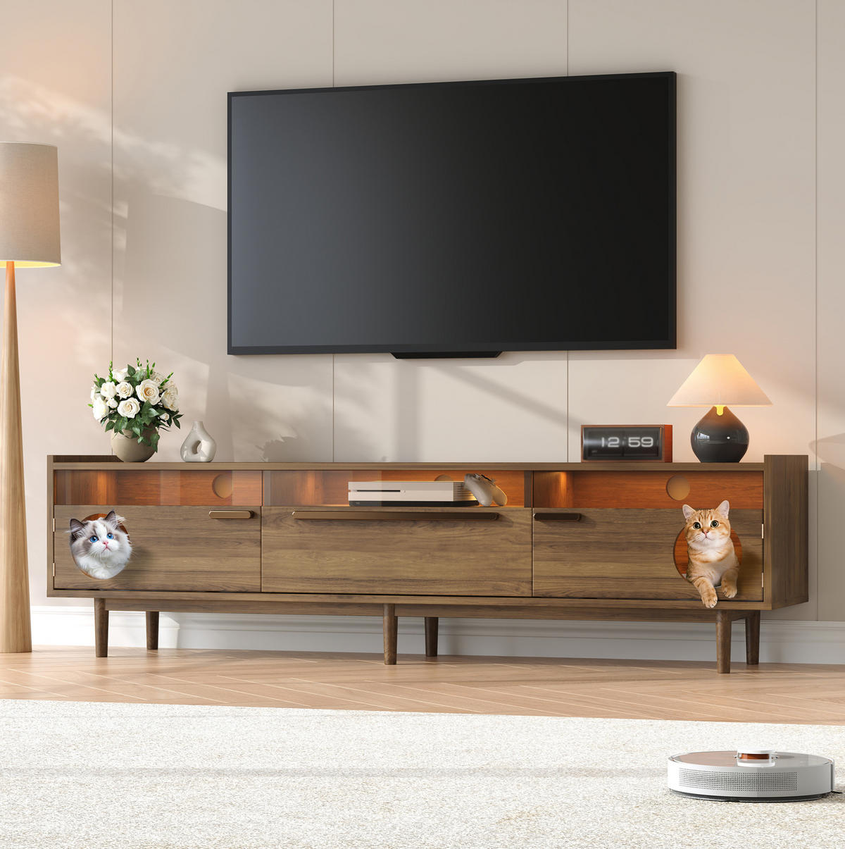 TV ormarić 180/40/50 cm orah od MDF-a s LED rasvjetom i prostorom za mačku - boje oraha, drvni materijal (180/50/40cm) - OKWISH
