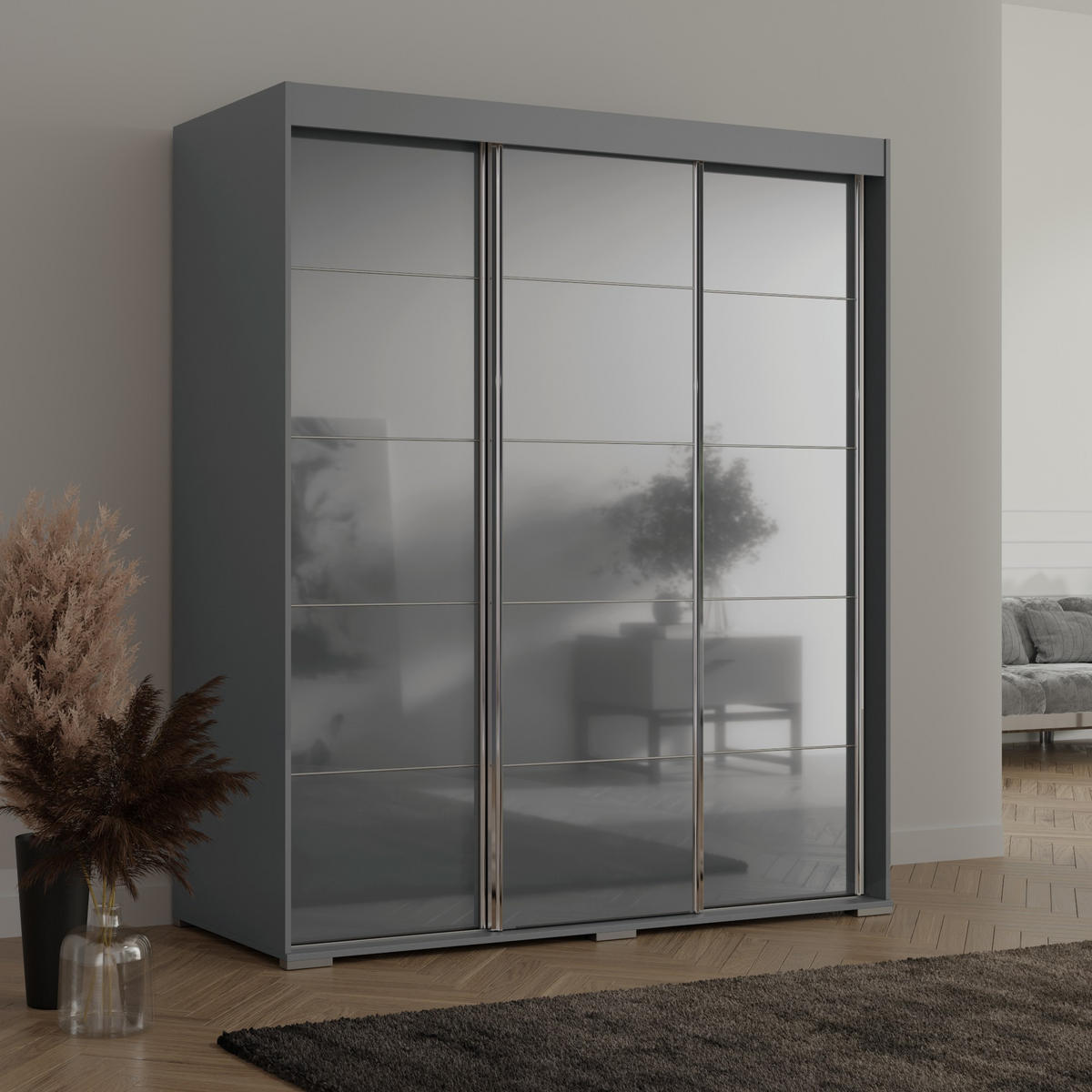 SCHIEBETÜRENSCHRANK mit Schubladen Como 3D 180 Grau (lacobel) - Silberfarben/Grau, Holzwerkstoff/Metall (180/208/67cm) - mzm24