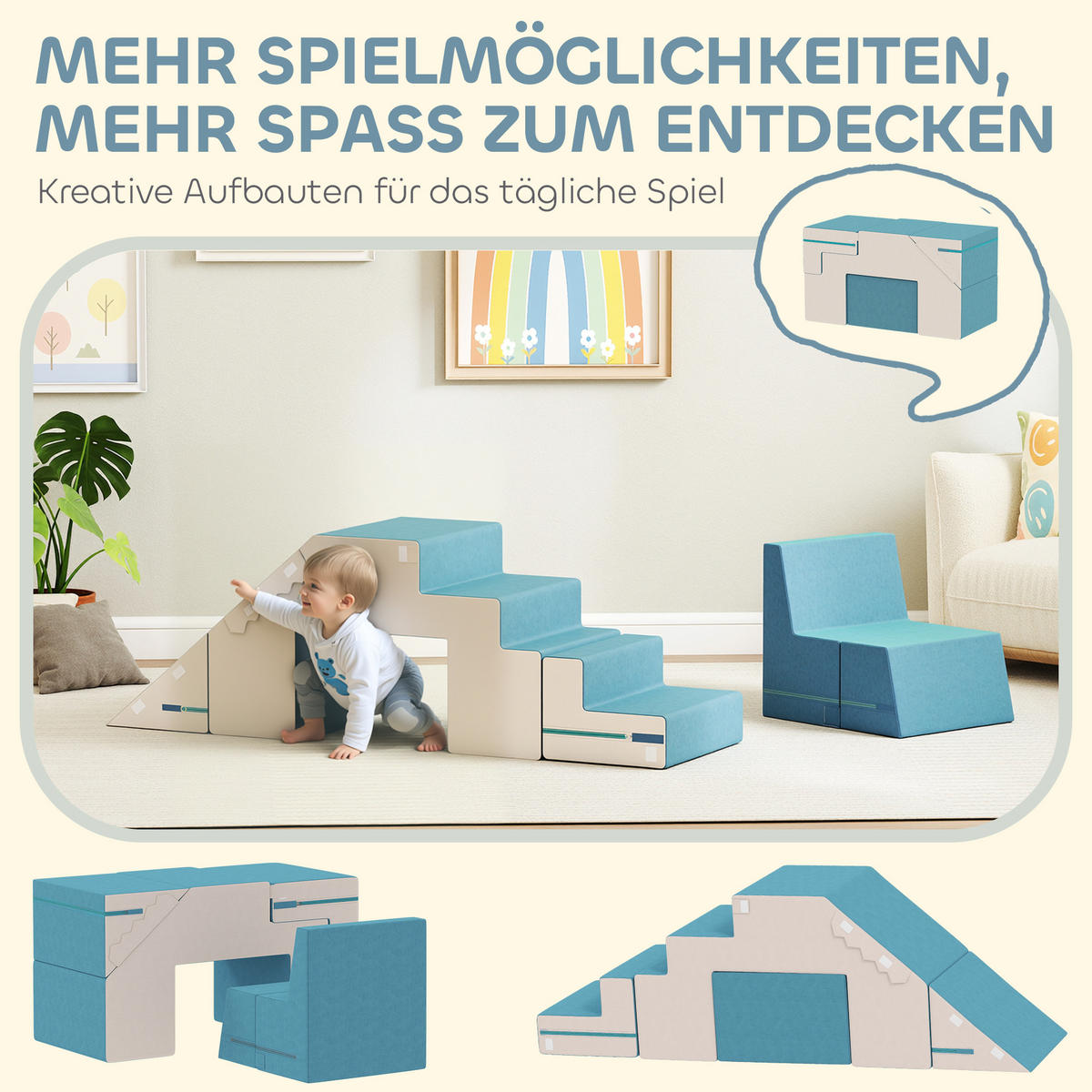 KINDER Schaumstoff Bausteine 2er Set Bausteinset mit Samtoptik Beige+Blau - Beige, Textil (39/131cm) - AIYAPLAY