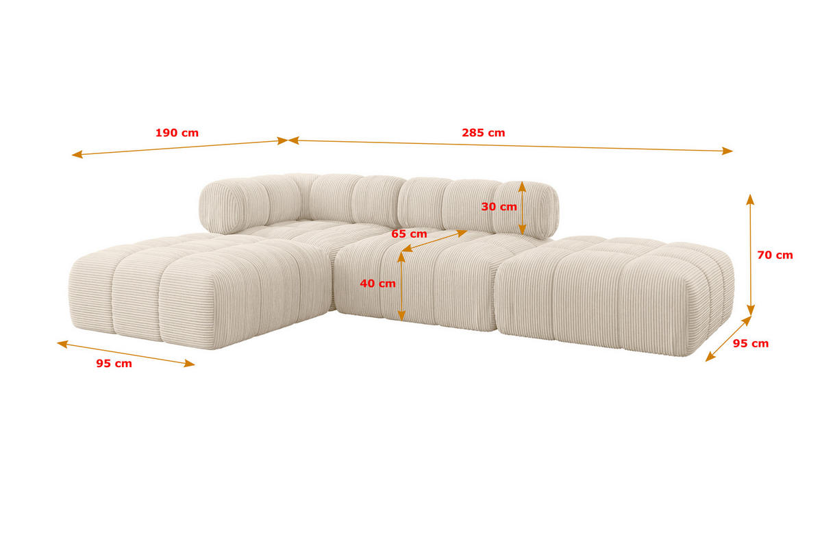 ECKSOFA modulares Sofa Kerru-L1 - 285x190x70 cm Beige Cord - Beige, Holzwerkstoff/Textil (285/190cm) - ALTDECOR