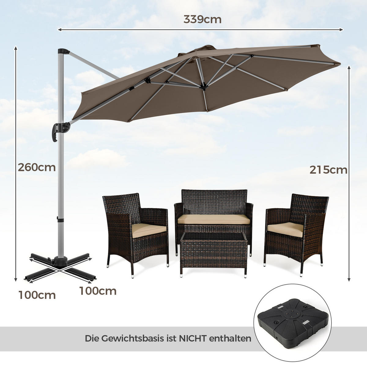 SLNEČNÍK 339 cm hnedý - hnedá, textil (339/339cm) - COSTWAY