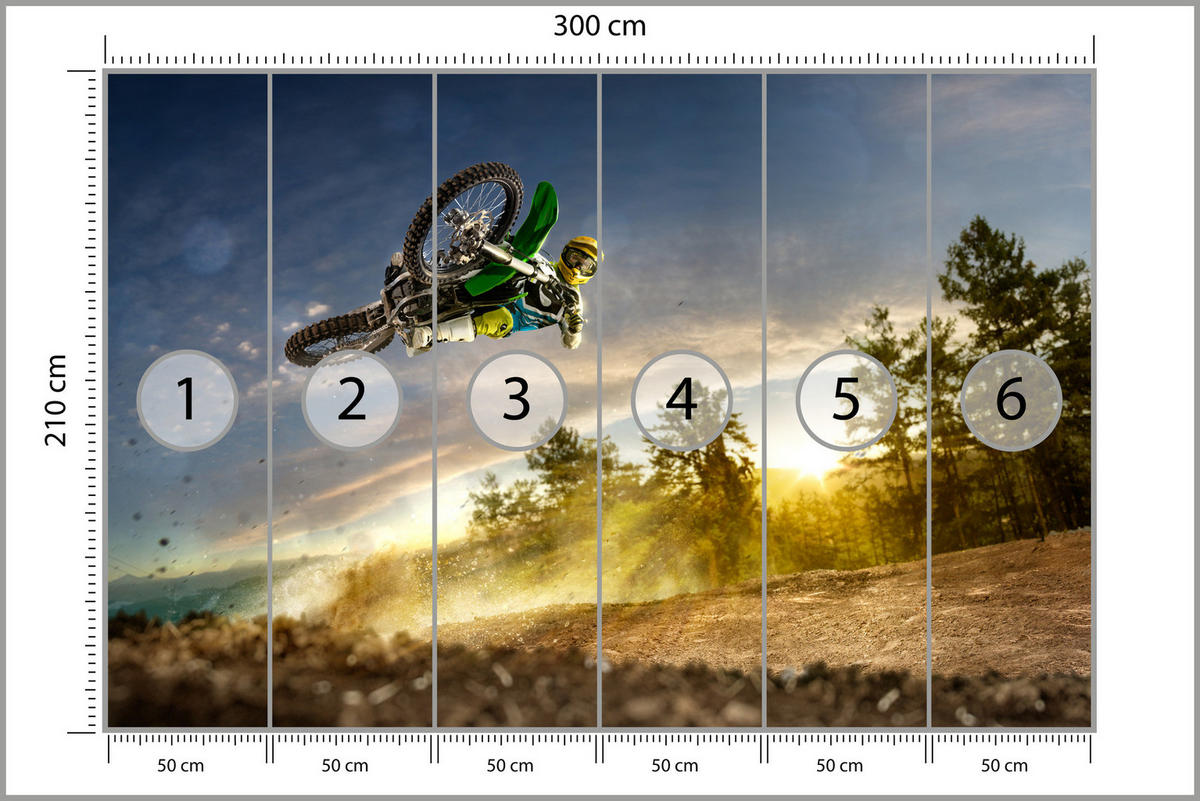 FOTOTAPETE für Jugendzimmer Motocross Sprung Berge Bäume 300x210 - Gelb/Beige, Papier (300/210cm) - Muralo