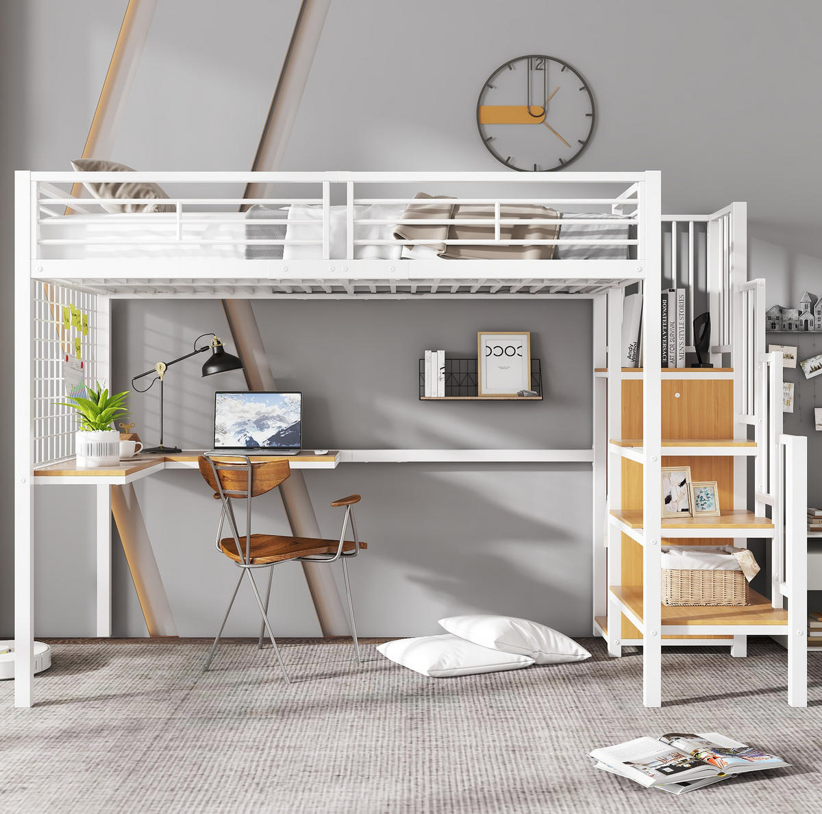 HOCHBETT 90/200 cm in Weiß/Natur mit Kleiderschrank, Tisch und seitlicher Treppe - Weiß, Holzwerkstoff (90/200cm) - Flora Grace