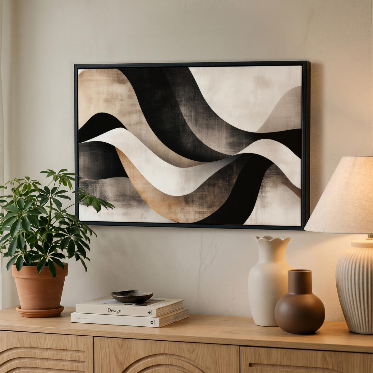 LEINWAND Bilder mit Rahmen - Abstrakt - Wellen - Schwarz - Verwittert - 60x40 - Trüffeleichefarben, Textil (60/40cm) - MuchoWow