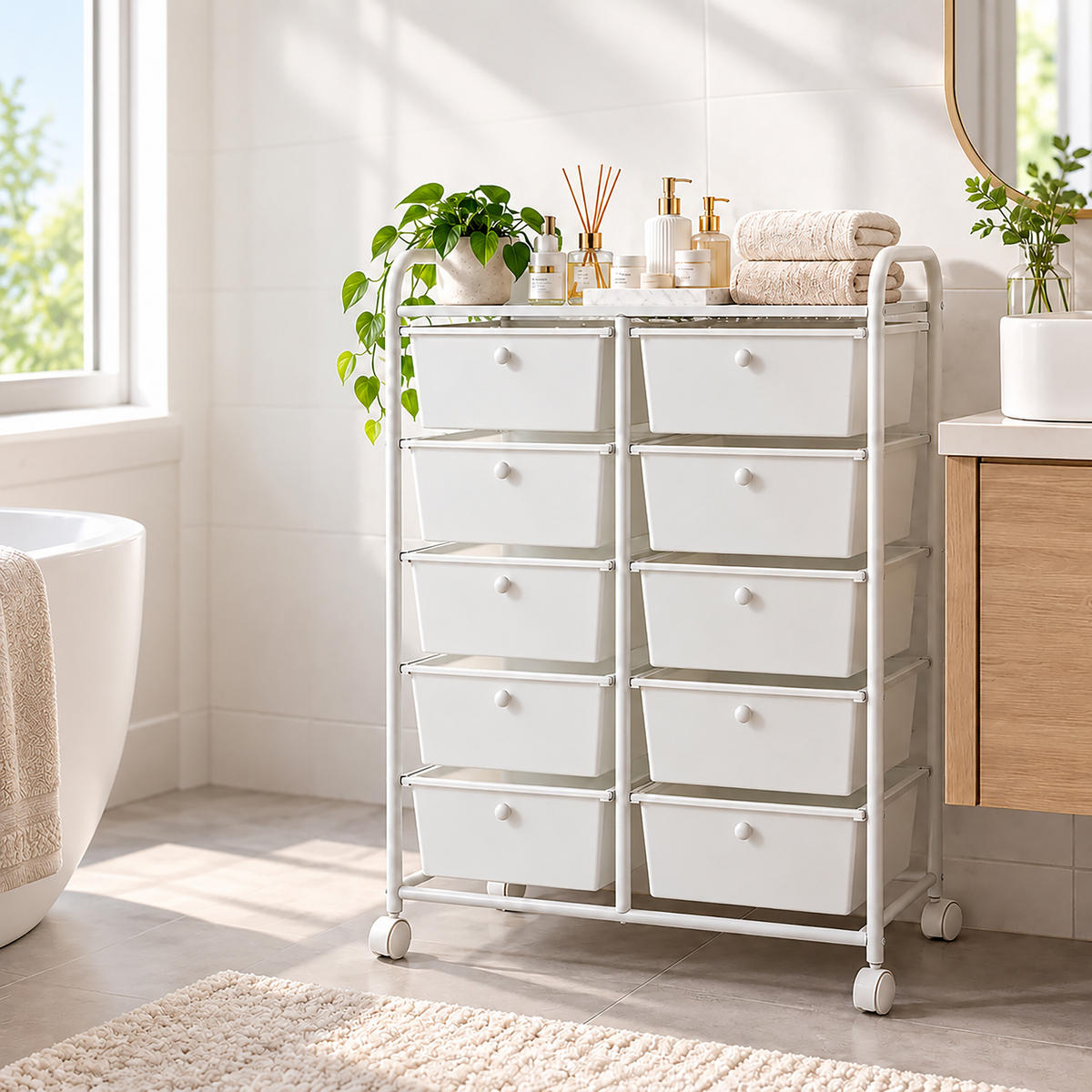 VOZÍK Bílý 10 zásuvek kov plast 96/65/38 cm - bílá, kov/plast (65/96/38cm) - Relaxdays