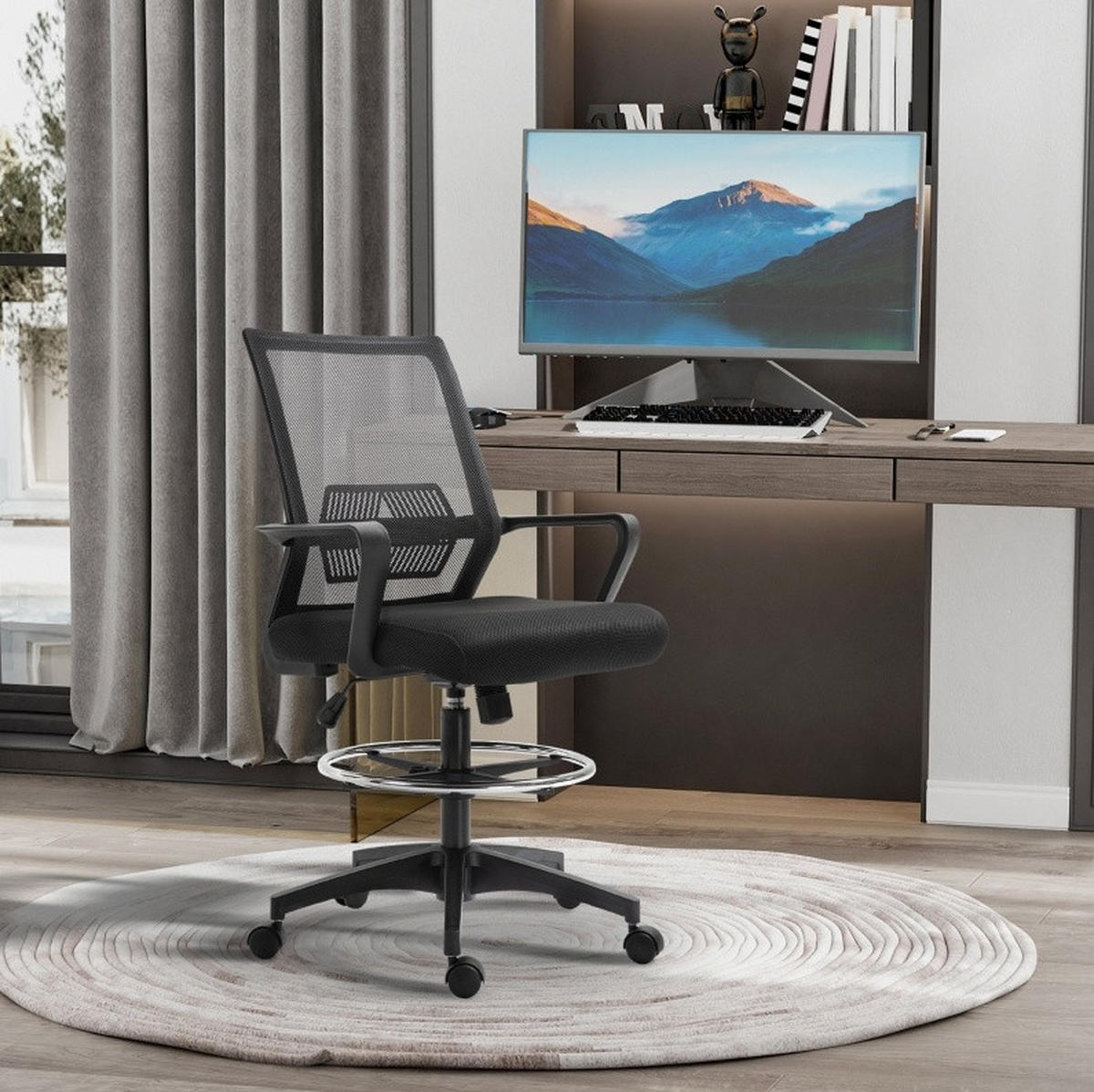 BÜROSTUHL in Schwarz 59x64x124 cm mit verstellbarer Sitzhöhe, Fußring und Wippfunktion - Schwarz, Kunststoff (64/124/59cm) - IVMEU