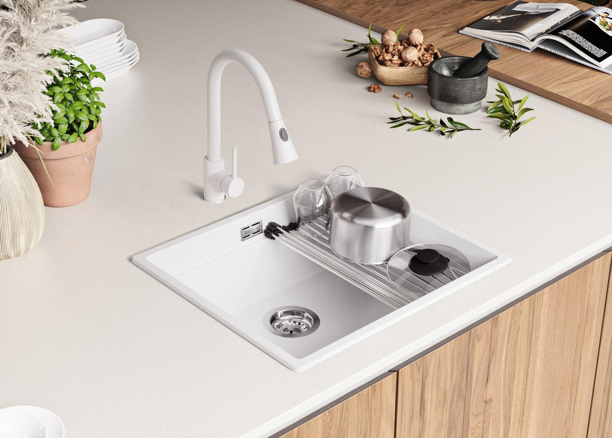 SPÜLBECKEN Praga Slim, 2-er set Weiß 56/47 cm 1 Becken + Ablauf-Set + Aufrollbare Abtropffläche ab 60er Unterschrank - Chromfarben/Weiß, Kunststoff (56/20/47cm) - Primagran
