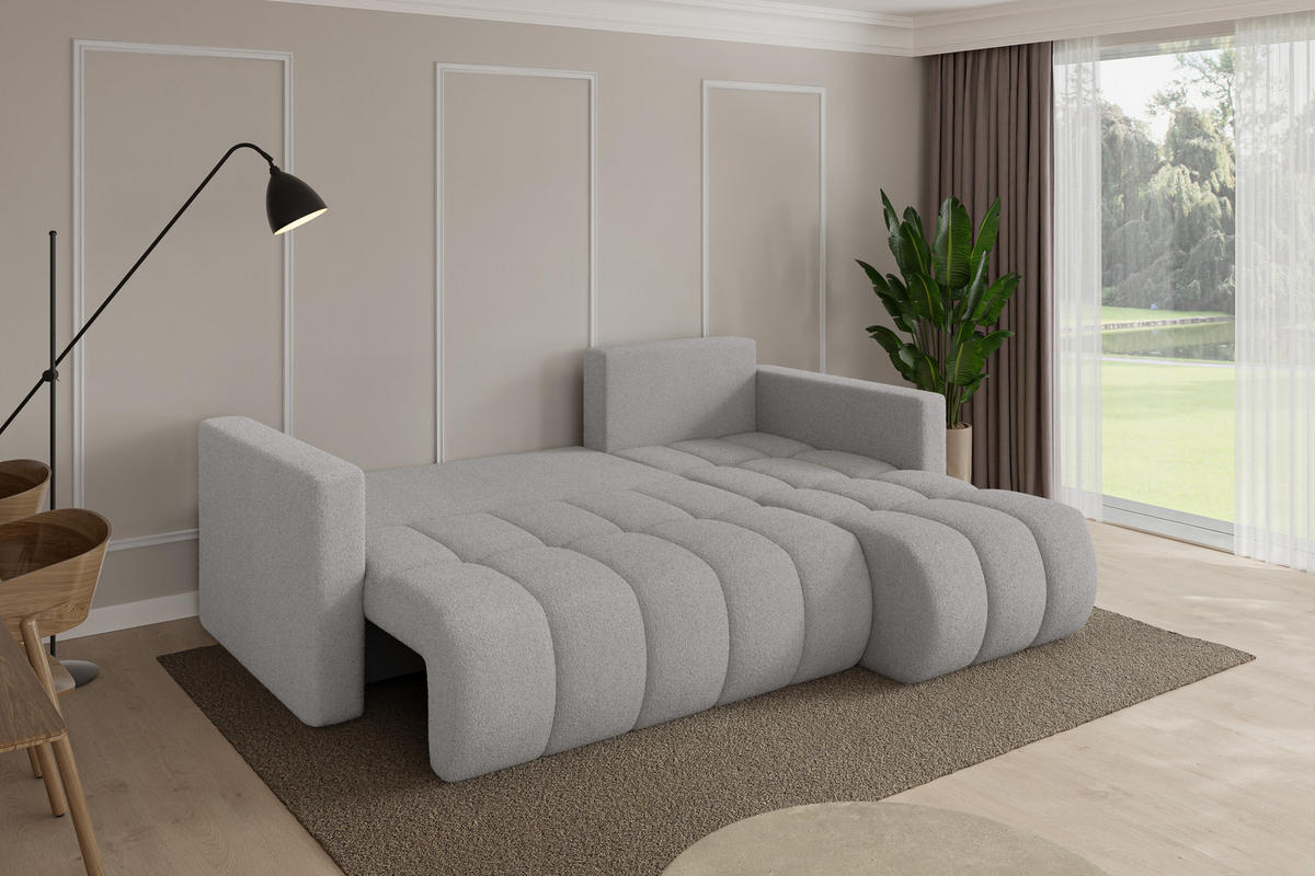 ROHOVÁ SEDAČKA s funkcí spaní, otoman vpravo GARD-L 226x146x85 světle šedá bouclé - černá/stříbrná, kompozitní dřevo/textil (226/146cm) - ALTDECOR