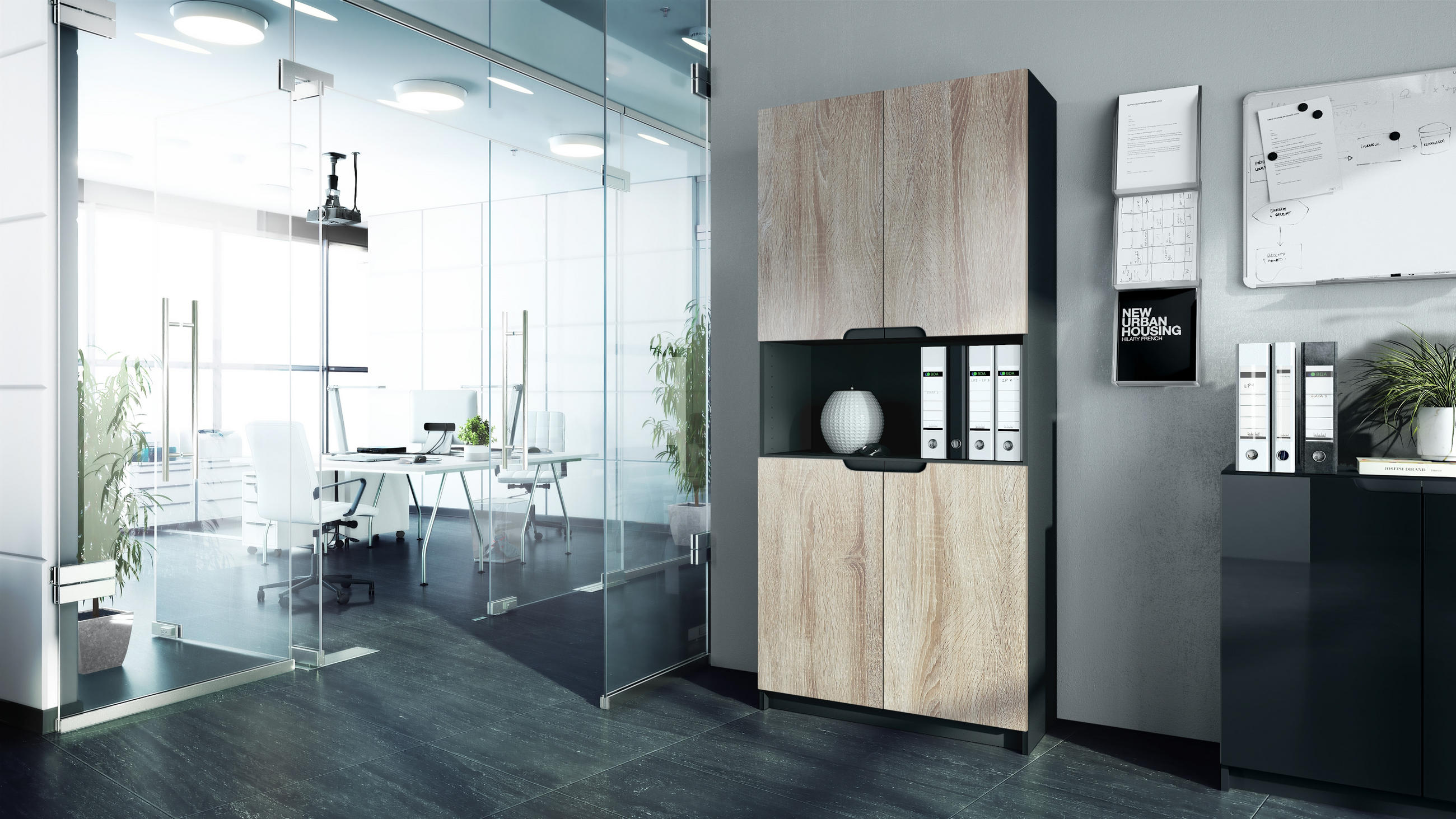 BÜROSCHRANK Logan Fronten in Eiche sägerau - Eiche San Remo, Holzwerkstoff (82/184/37cm) - Vladon