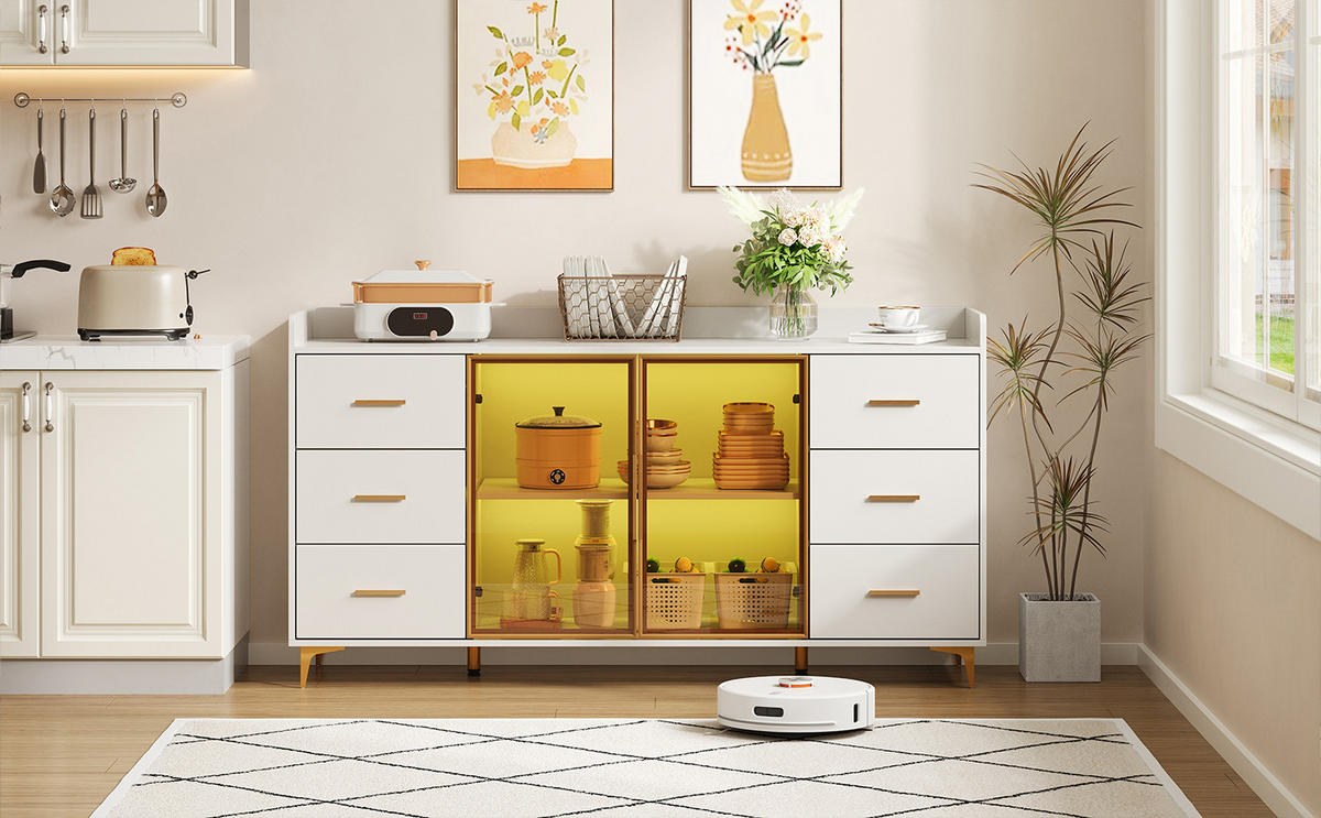 SIDEBOARD mit 6 Schubladen und Doppeltür mit Rauchglas, fernbedienbare LED, MDF, 160/44/87 cm, Weiß und Gold - Weiß, Holzwerkstoff (160/87/44cm) - Redom