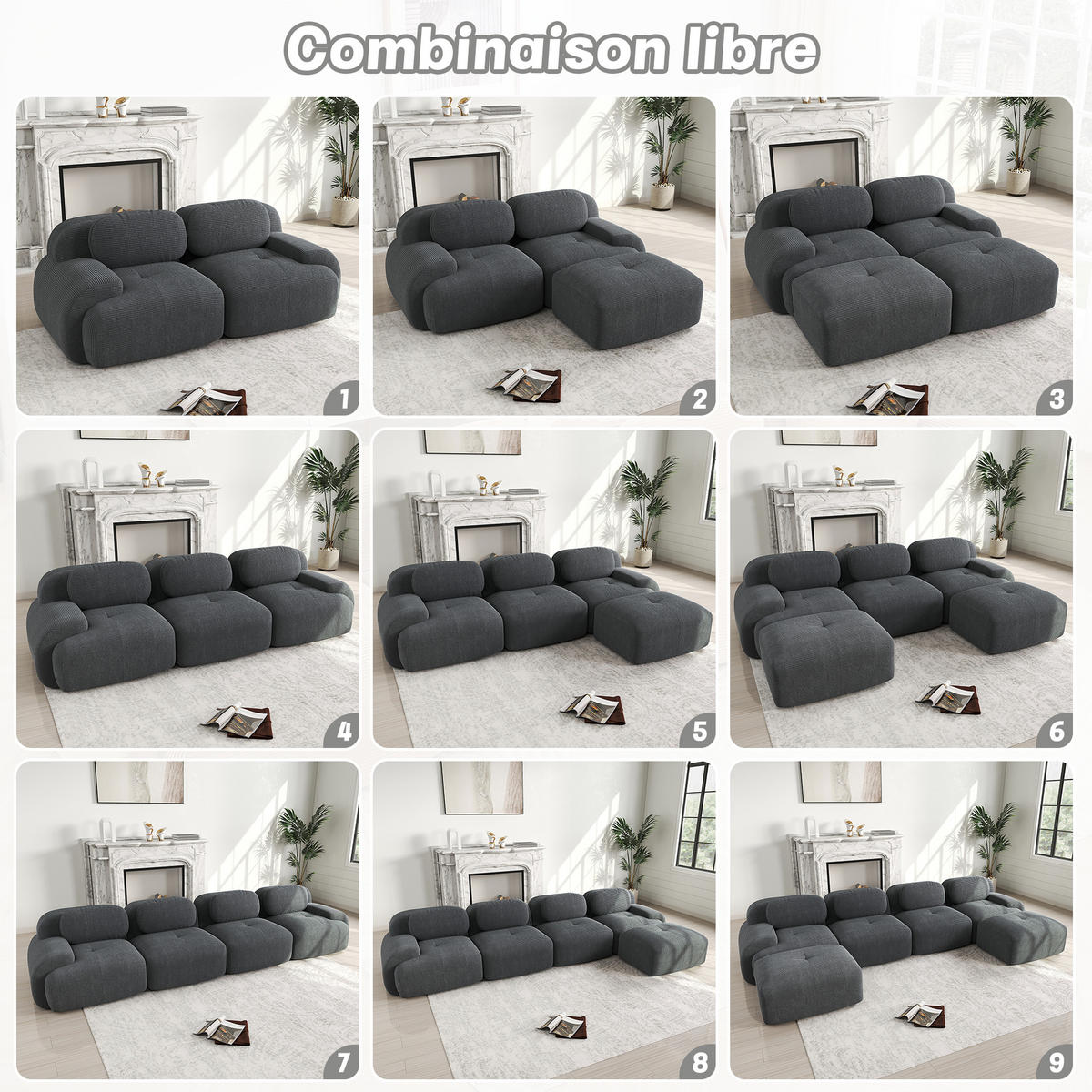 SOFA Modulares 2-Sitzer, mit Armlehnen, Cord, Grau - Grau, Textil (103/70/208cm) - Meubles Cosy