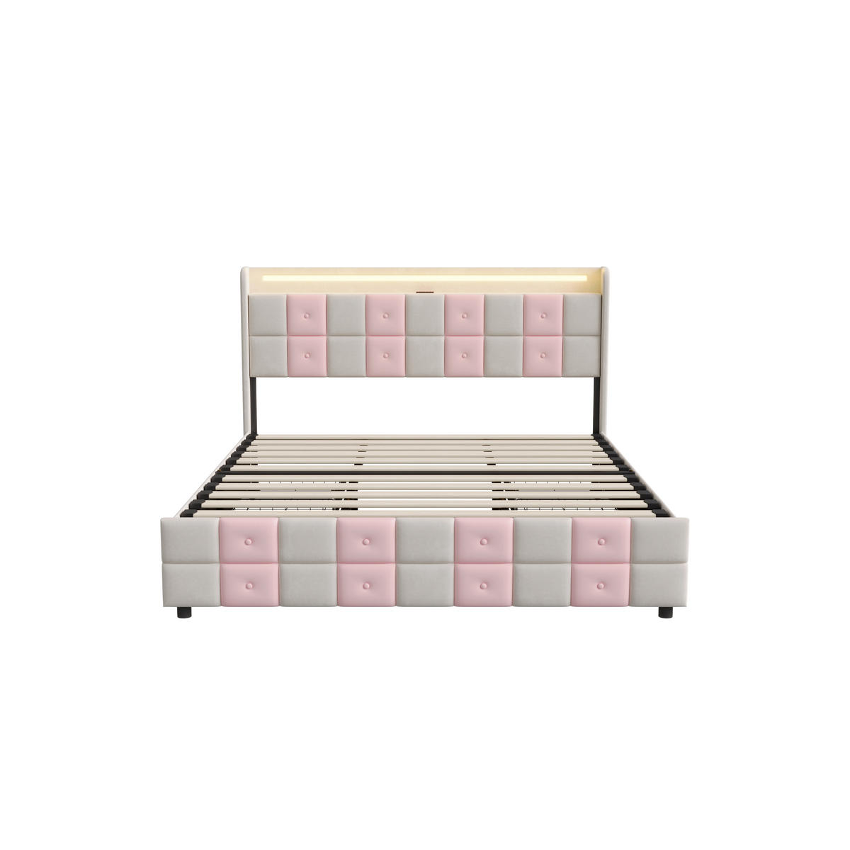 POLSTERBETT 140/200 cm Rosa/Beige mit 2 Schubladen, LED-Kopfteil mit Ablage und USB-Anschluss - Rosa, Metall (140/200cm) - EuroLiving