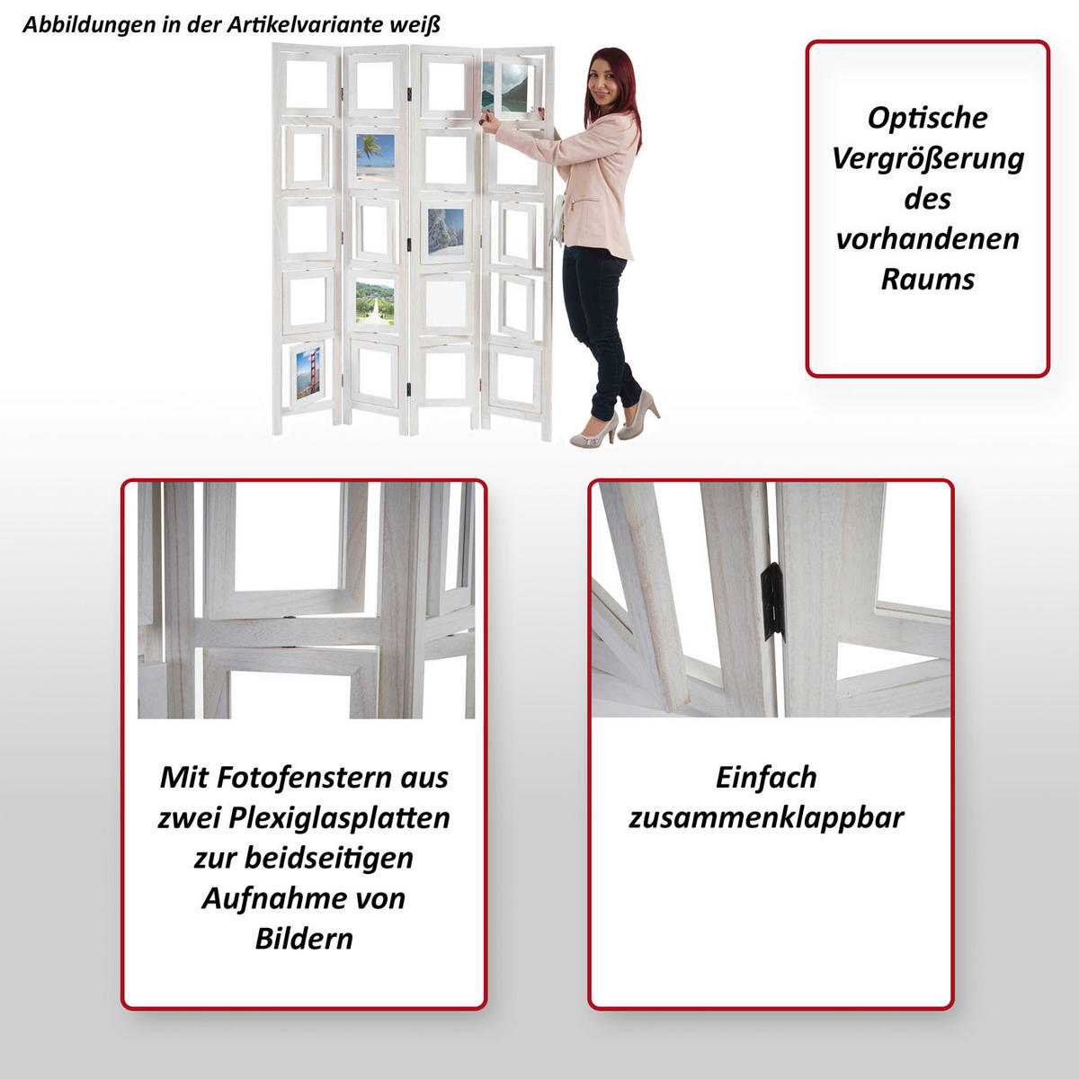 PARAVENT BILDGALERIE Weiß - Weiß, Holz (125/161/2cm) - Jamb