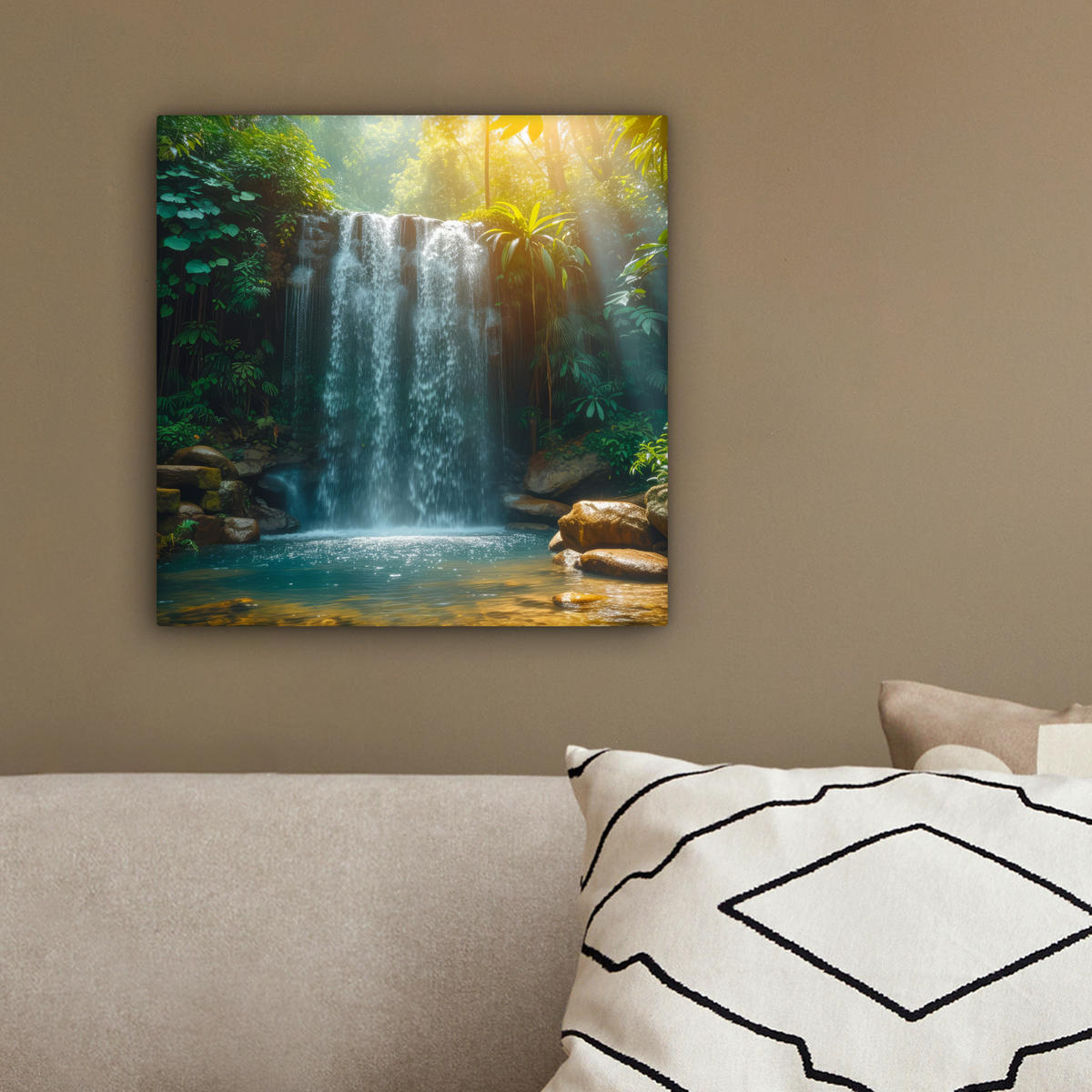 LEINWANDBILD Wasserfall - Dschungel - Sonne - Grün - Natur 20x20 cm - Grün, Textil (20/20cm) - MuchoWow