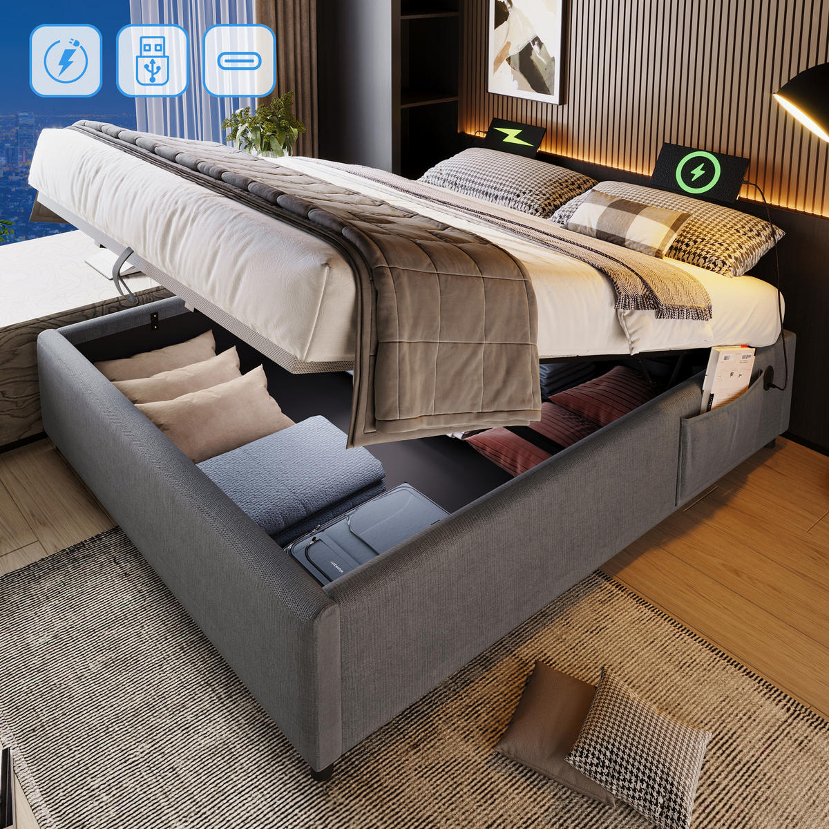 POLSTERBETT 140/200 cm mit hydraulischem Bettkasten & USB/Type-C, vollflächiger Massivholzboden, Grau - Grau, Textil (140/200cm) - Redom