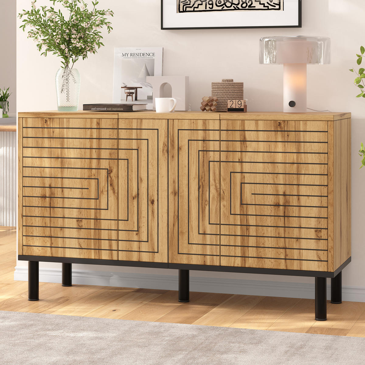 SIDEBOARD in Naturfarben mit 3 Türen für Esszimmer und Wohnzimmer, B120/T35/H68 cm - Schwarz/Naturfarben, Holzwerkstoff (120/68/35cm) - STILVORA