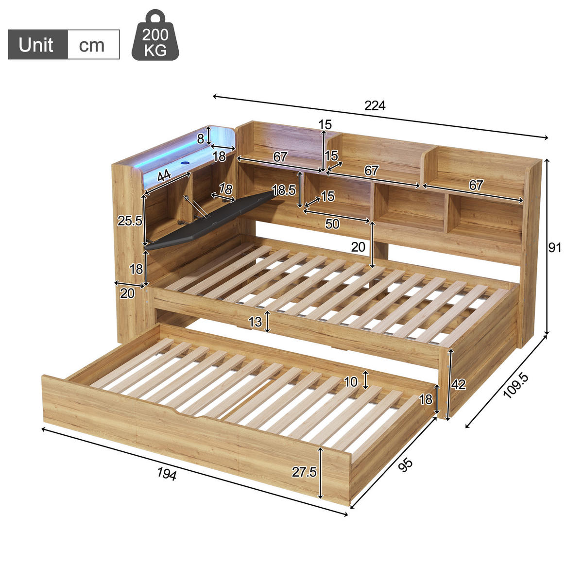 KINDERBETT Natur 90x200 LED USB Ausziehbett Stauraum Holz - Naturfarben, Holzwerkstoff (90/200cm) - FLIEKS