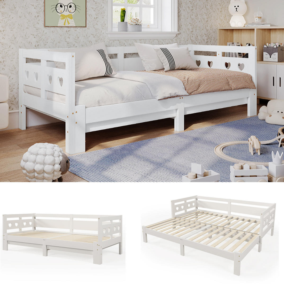 BETT aus Kiefer 98-187x206x66 cm in Weiß mit Ausziehfunktion - Weiß, Holzwerkstoff (90/200cm) - Modfu