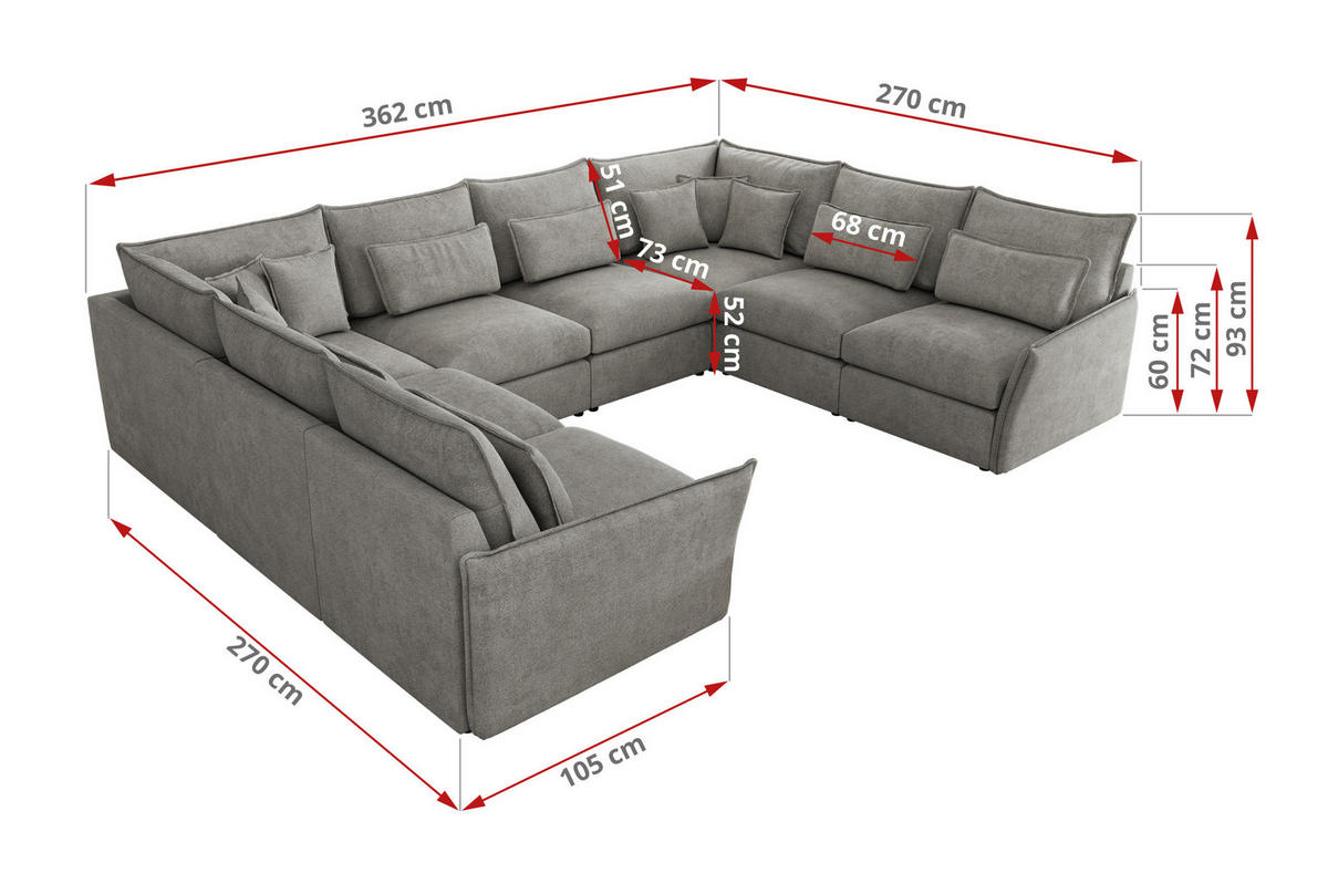 WOHNLANDSCHAFT VERSO U 8M Hellgrau Struktur - Hellgrau/Schwarz, Kunststoff/Textil (362/93/270cm) - MKS