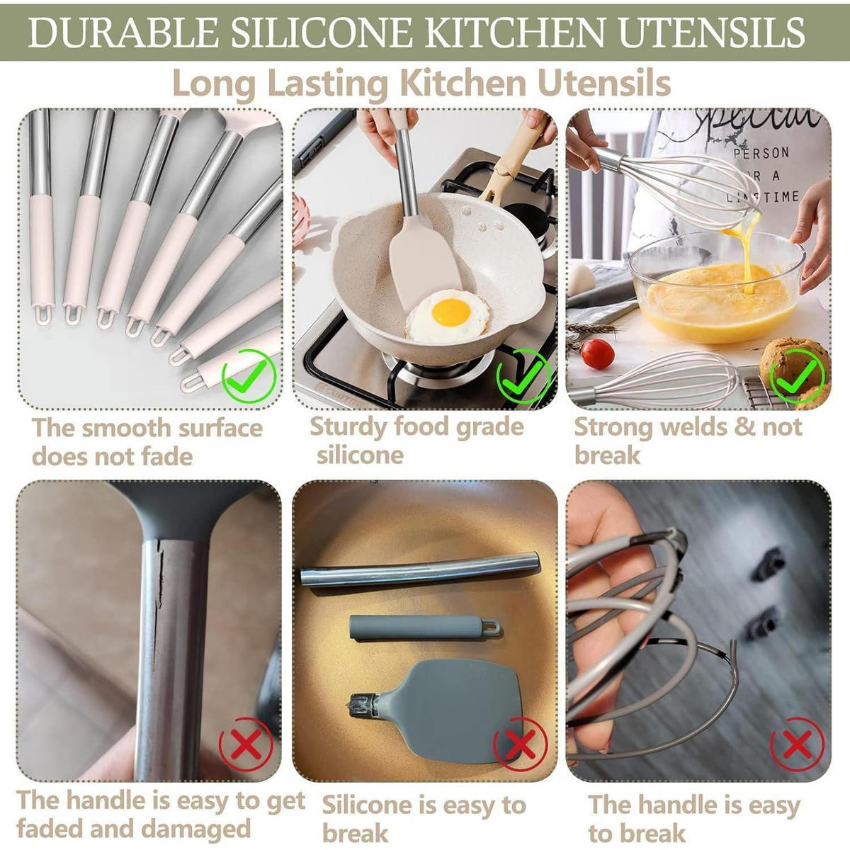KÜCHENUTENSILIEN-SET 15-teilig Silikon Khaki - Olivgrün, Kunststoff