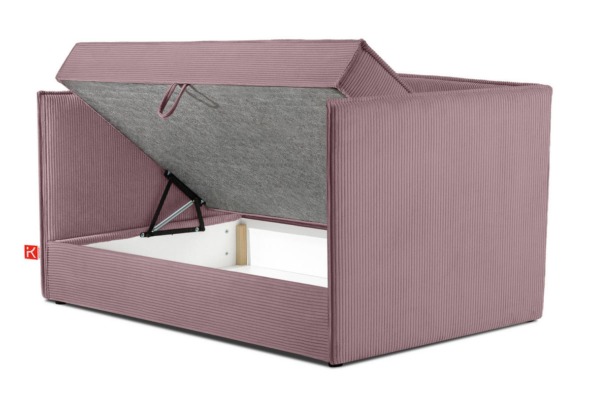 JUGENDBETT ROTI Einzelbett mit Bettkasten, 90x200cm, Bett mit Bonellmatratze, mit Rückenlehne - Lila/Schwarz, Holz/Holzwerkstoff (92/200cm) - KONSIMO®