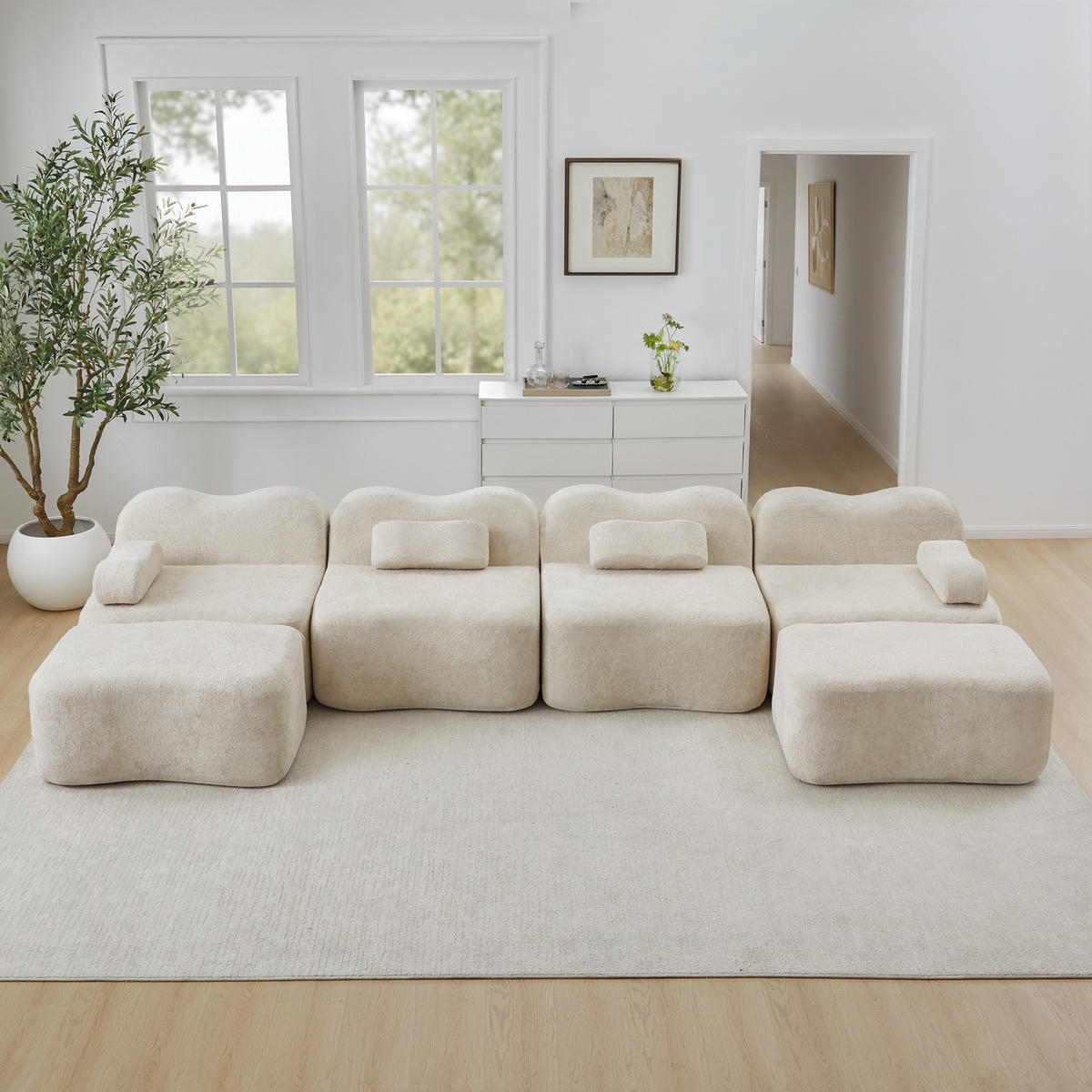 WOHNLANDSCHAFT Samt Beige mit Hocker - Beige, Textil (384/70/167cm) - WISHDOR