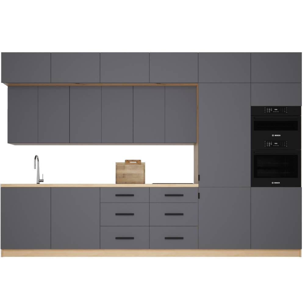 KÜCHENZEILE 360 cm - Langen K72-M360 R in Grau/Matt - Schwarz/Grau, Holz/Metall (360/248/58cm)