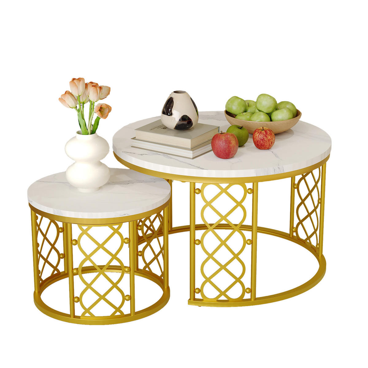 COUCHTISCH 2-teiliges Set 70/70/45 cm und 45/45/37 cm Weiß und Gold Stapelbar mit Stahlrahmen - Goldfarben/Weiß, Holzwerkstoff (70/70/45cm) - OKWISH