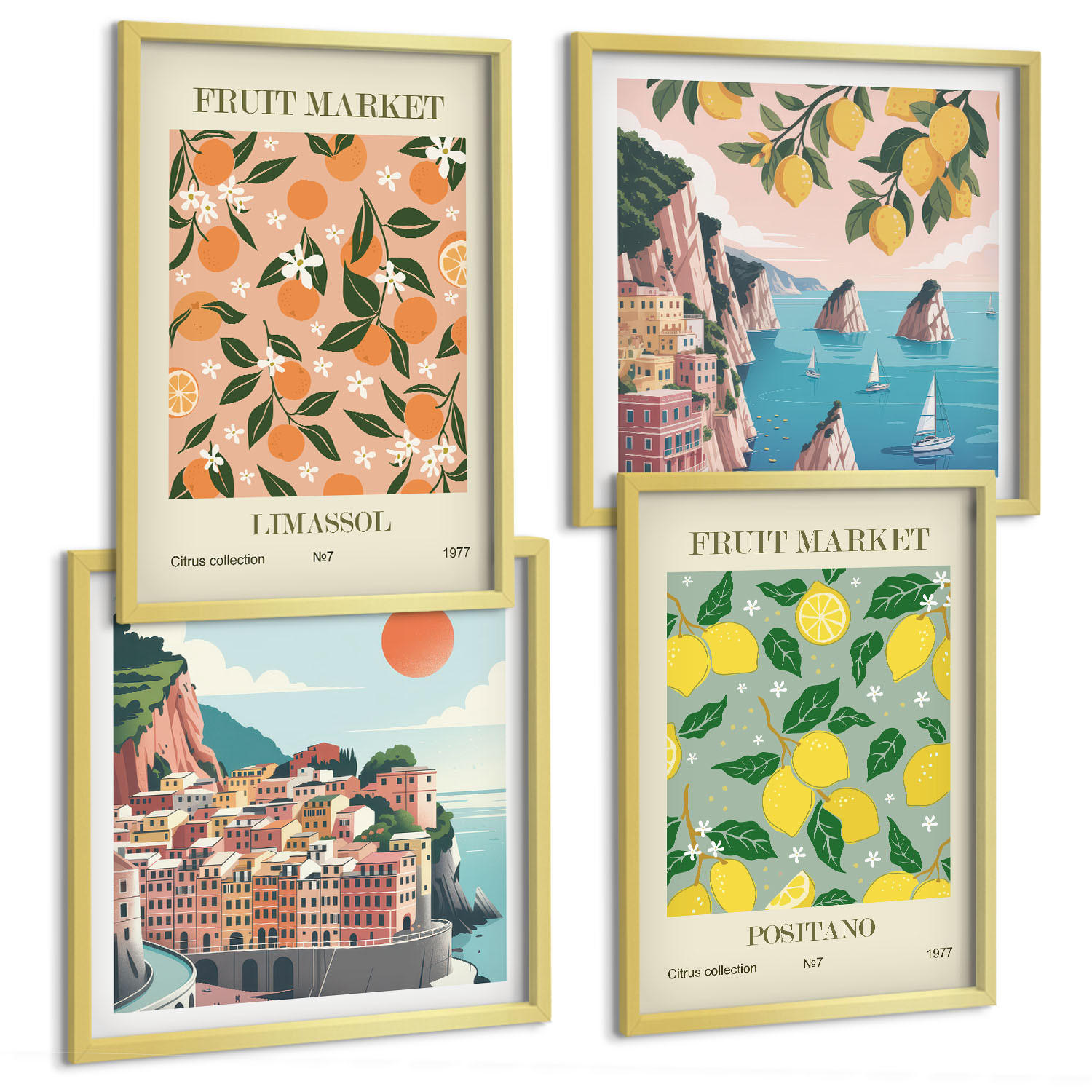 BILDER SET 4er Set - 50x50 cm & 40x60 cm Goldrahmen - Zitrusfrüchte der italienischen Tropen - Goldfarben, Kunststoff (50/50cm) - TULUP