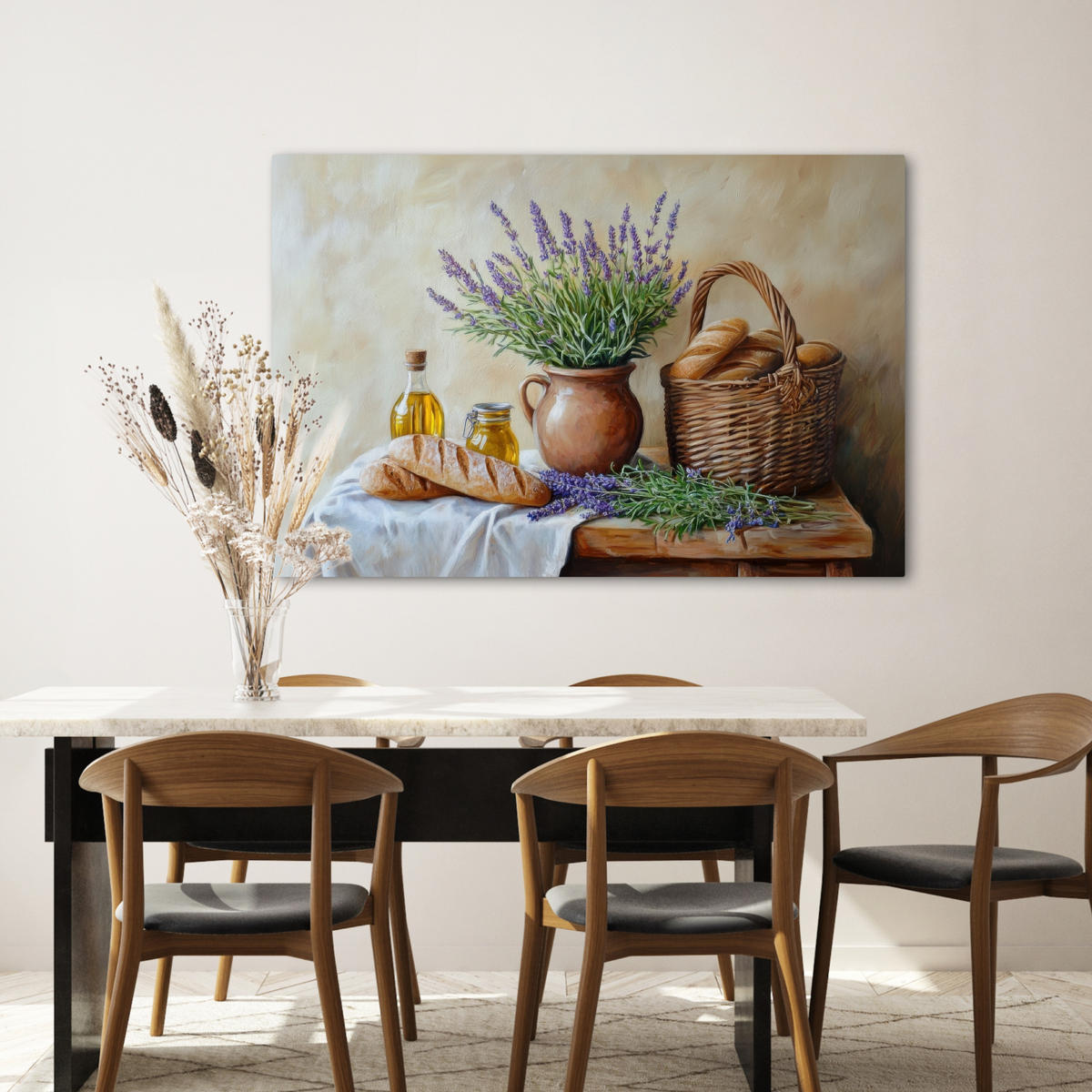 LEINWANDBILD Lavendel - Brot - Stilleben Wohnzimmer 120x80 cm - Flieder, Textil (120/80cm) - MuchoWow