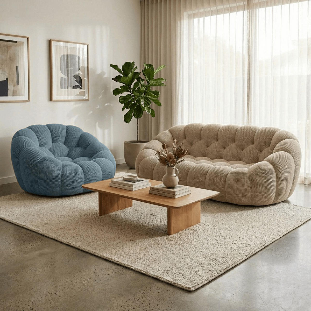 SITZGARNITUR Cocoon Sofa und Sessel Sand und Blau - Sandfarben/Blau, Textil (190/75/113cm) - COCO Living