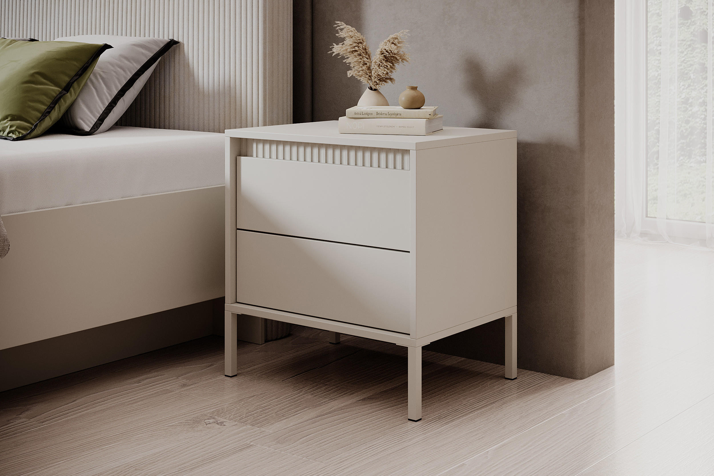 NACHTTISCH SENSO Nachtschrank mit Push-to-Open, Grifflos, 1 Schublade, Metallbeinen, 53,5×56,2×39,5 cm – Beige - Beige/Creme, Holz/Holzwerkstoff (54/56/40cm) - DomoHome