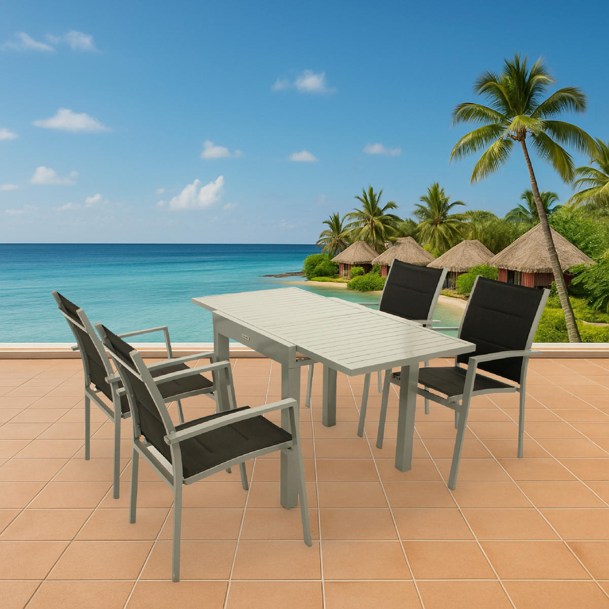 GARTEN-GARNITUR Sunderland - 5-teilige Garten-Essgruppe (4x Stapelsessel mit Aluminiumgestell, Bespannung Textillehne schwarz, - Schwarz, Metall - TPFGarden