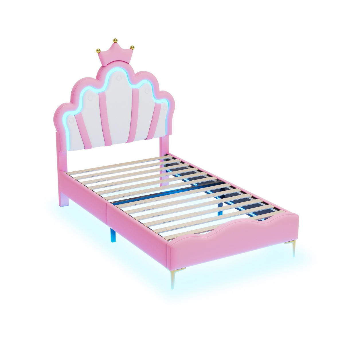 KINDER-POLSTERBETT 90x200 cm Princess Dream mit Kronen-Kopfteil und intelligenter RGB-LED, Kunstleder Pink & Weiß - Pink, Textil (90/200cm) - DELFA