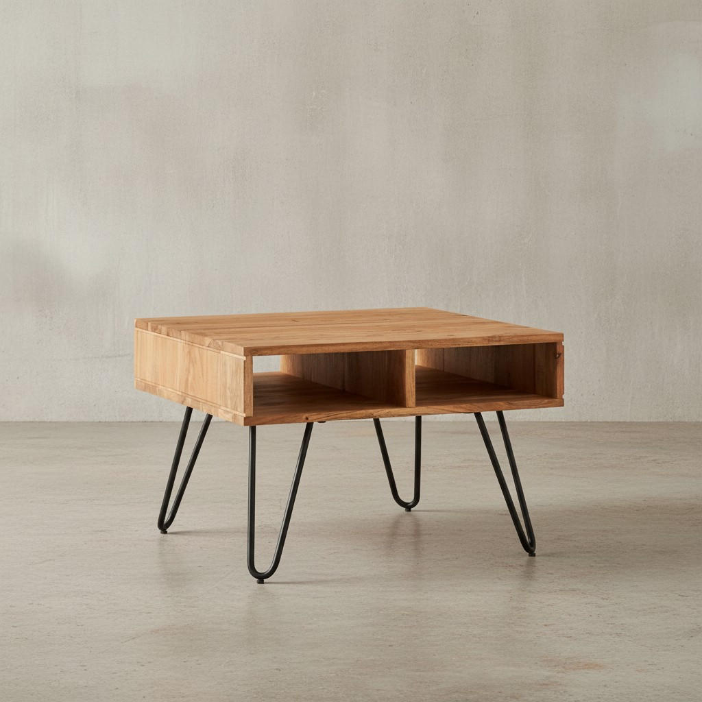 COUCHTISCH aus massivem Akazienholz mit Metallgestell und Stauraum im modernen Design - Beige/Schwarz, Holz/Metall (60/60/40cm) - KADIMA DESIGN