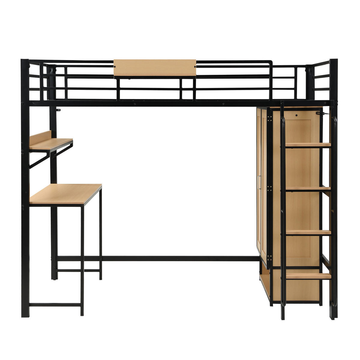 HOCHBETT 90/200 cm mit Kleiderschrank, Schreibtisch und Regal in Schwarz/Natur - Schwarz, Metall (90/200cm) - Flora Grace